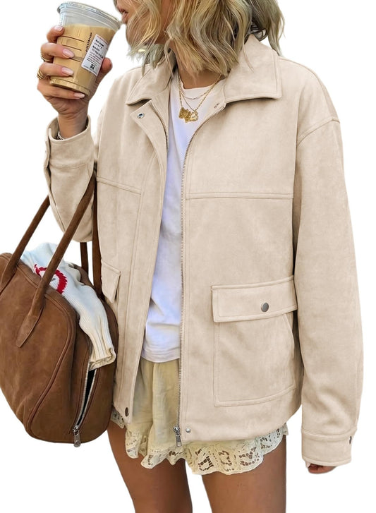 EVALESS Fall Jackets for Women Faux Suede Lapel Zip Up Boyfriend Biker Moto Coat Lightweight Fall Bomber Outerwear Beige Medium