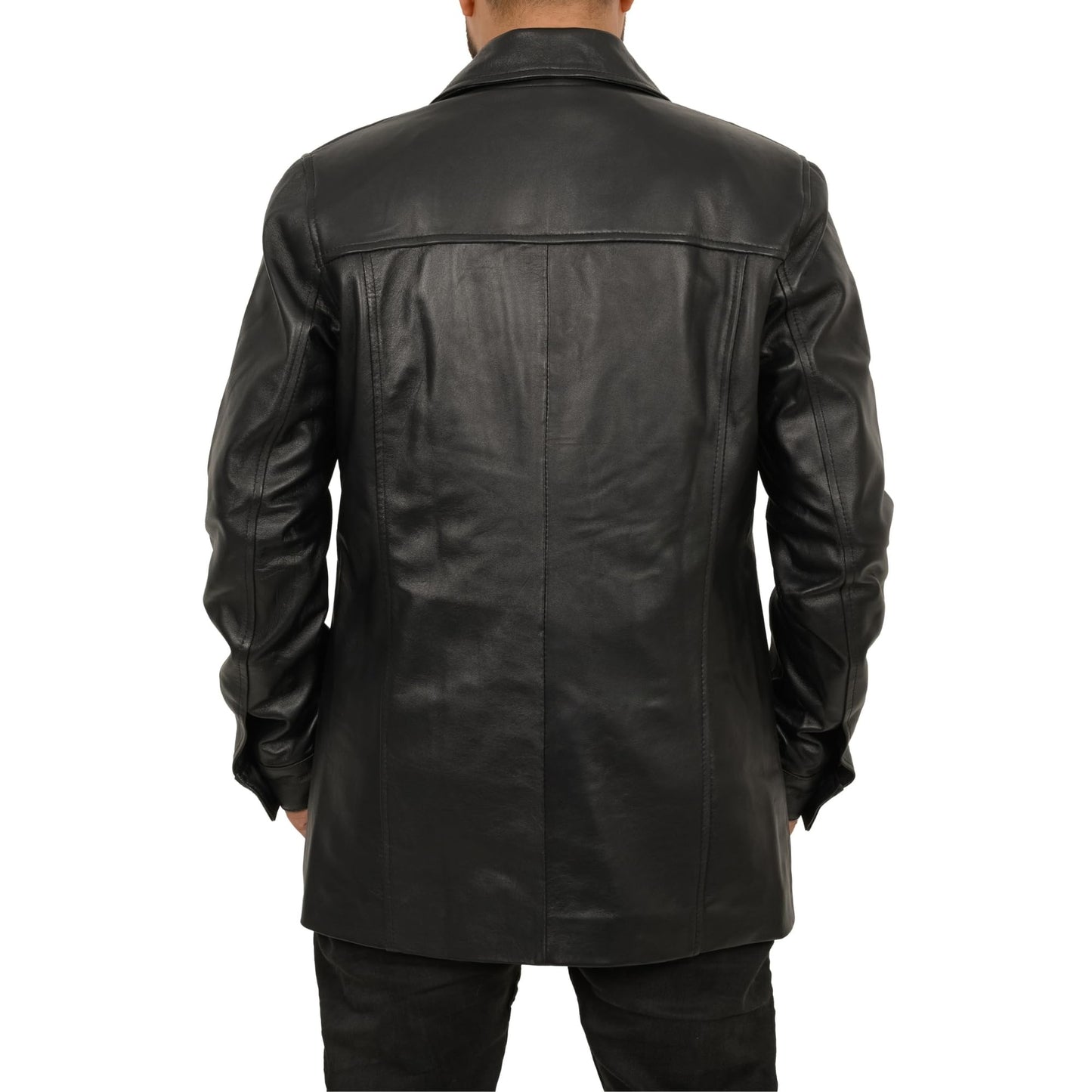 SAFYD® Mens Leather Coat - 3/4 Length Casual Car Coat Style Lambskin Long Leather Jacket Men (US, Alpha, XX-Large, Regular, Regular)
