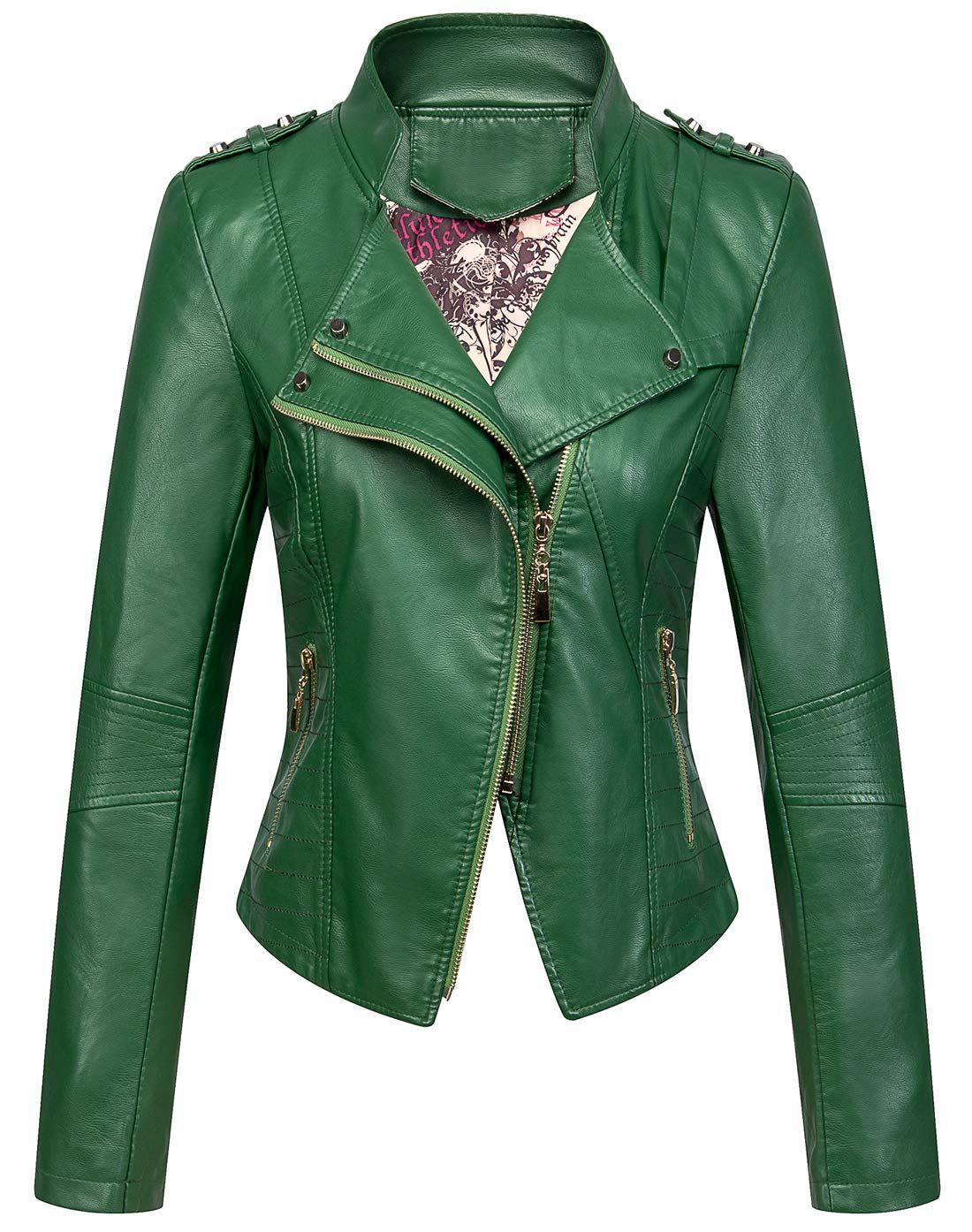 chouyatou Women's Candy Color Asymmetric Zip Slim Faux Leather Cropped Moto Jacket (XX-Large, Green)