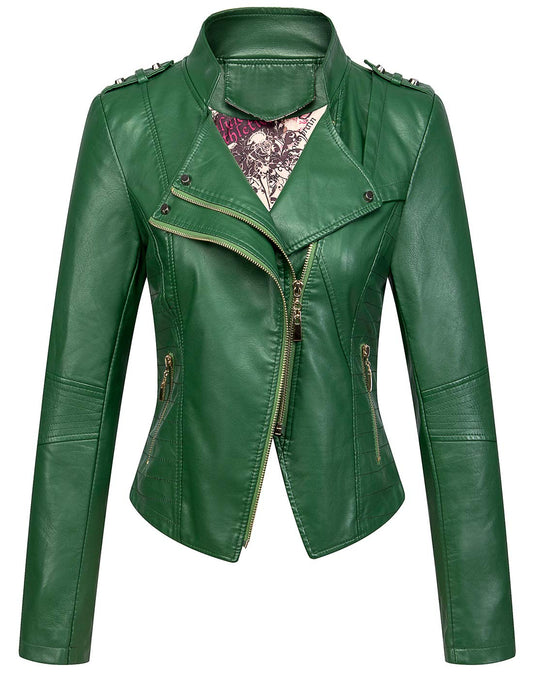 chouyatou Women's Candy Color Asymmetric Zip Slim Faux Leather Cropped Moto Jacket (Medium, Green)