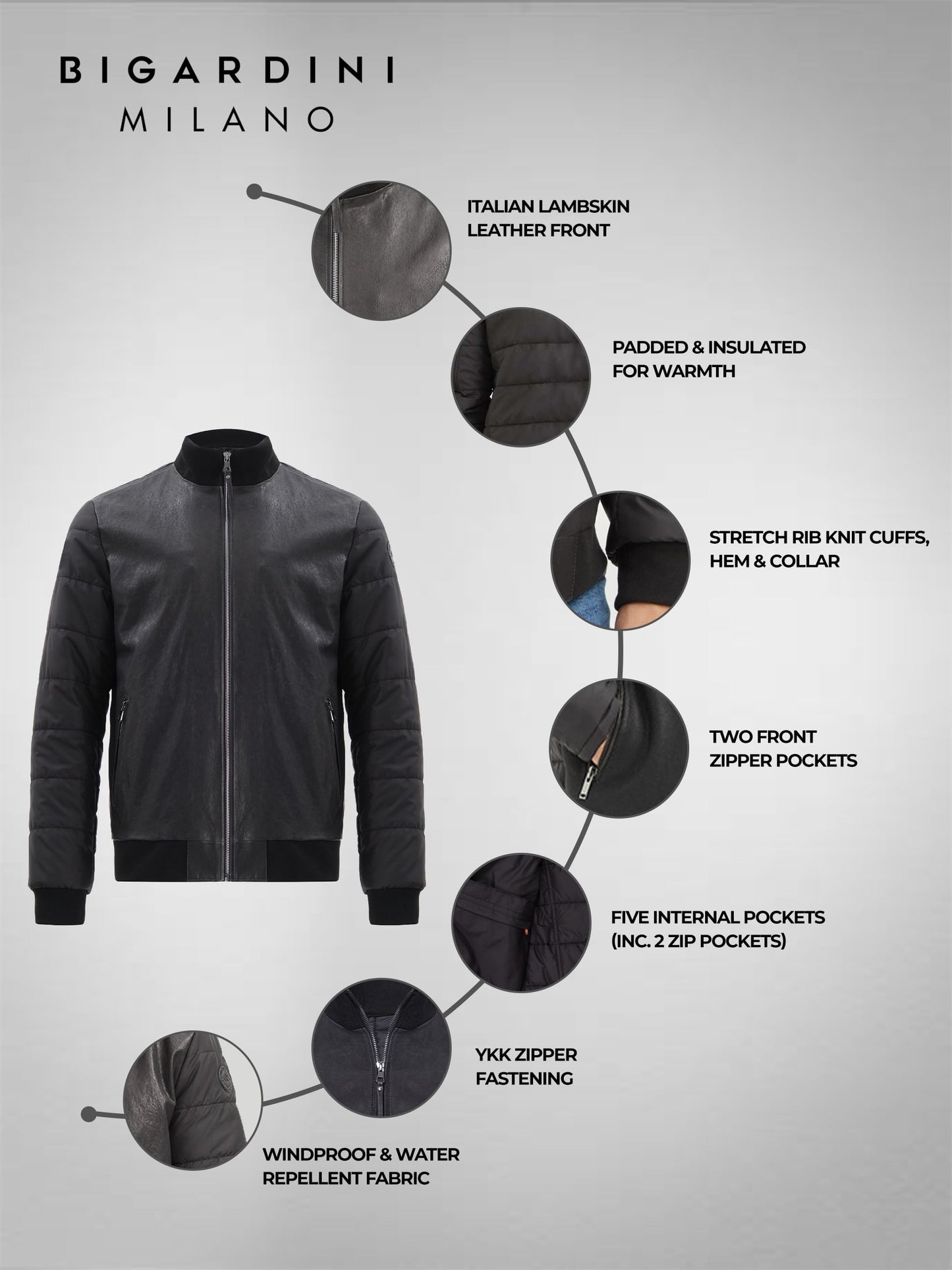 Bigardini Men's Italian Lambskin Leather Puffer Jacket - Black (L)