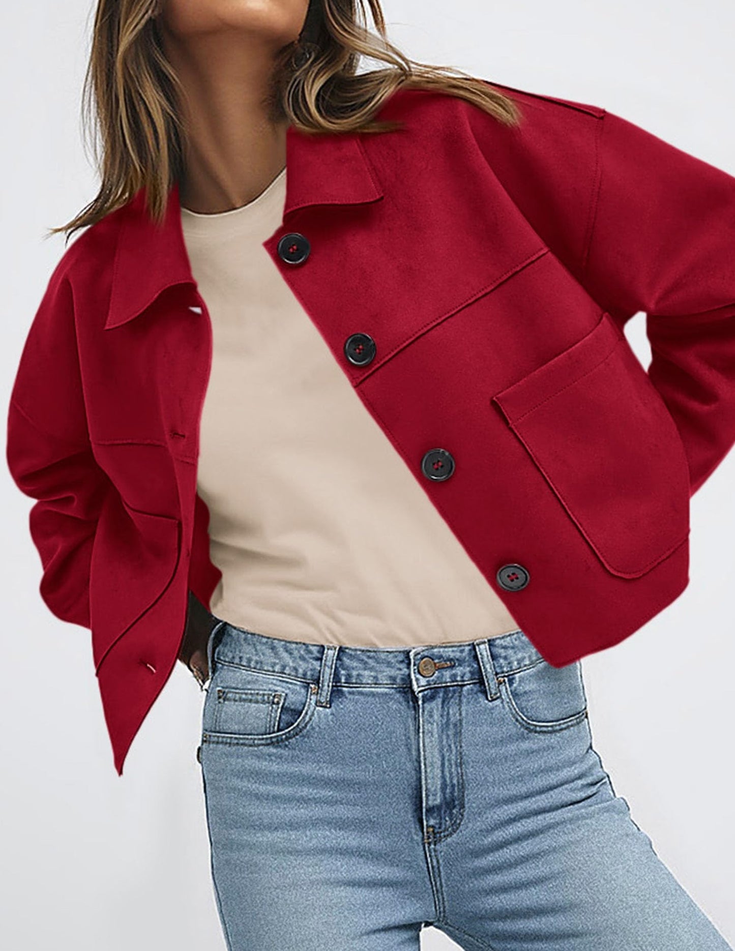 PRETTYGARDEN Women's Faux Suede Cropped Jacket Casual Lightweight Fall Fashion 2026 Winter Coats Outerwear Trendy Clothes (Red,Medium)