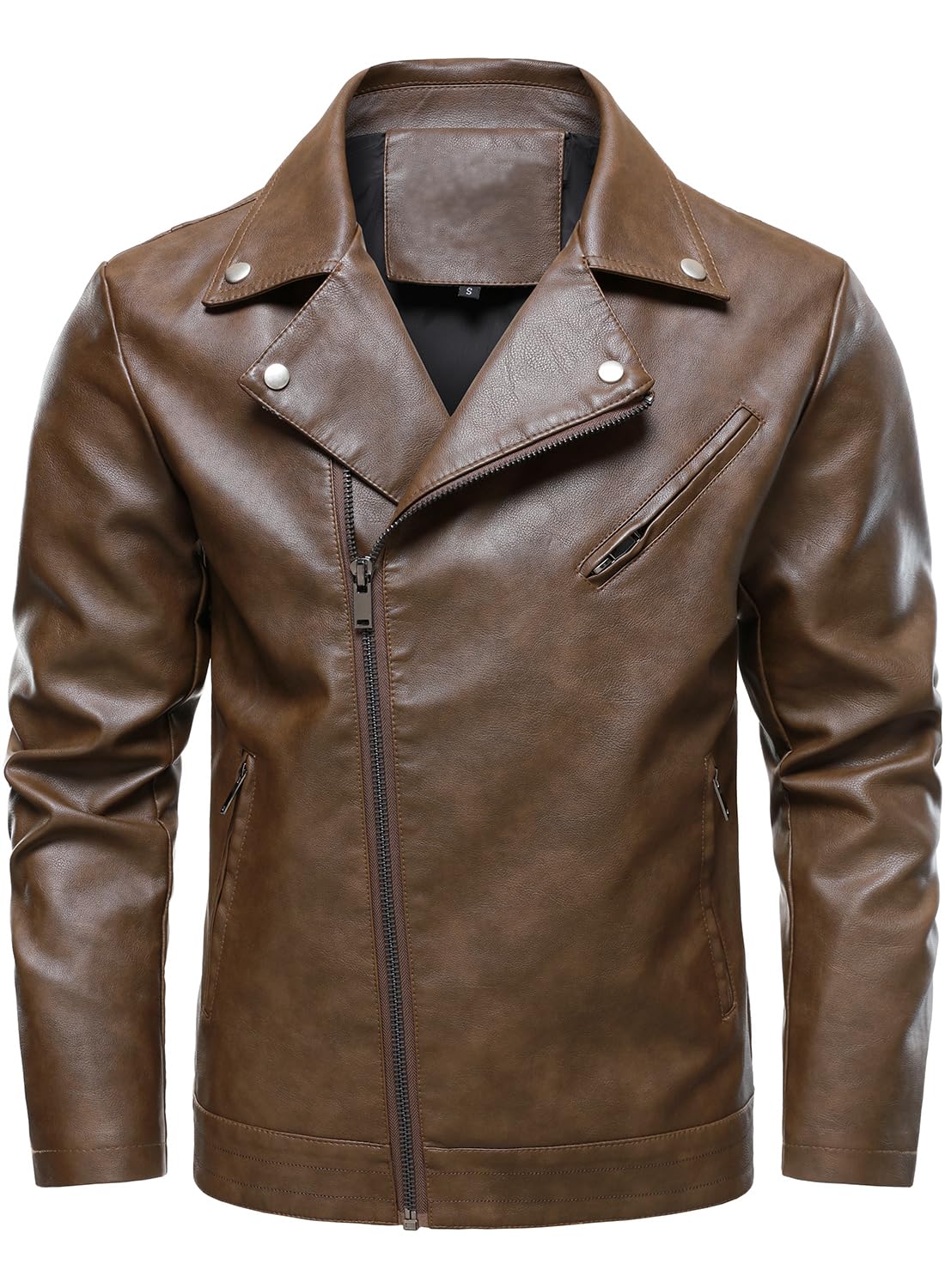 HOOD CREW Men’s Faux Leather Jacket Cool Motorcycle Lapel Biker Jackets Zip Up Riding Coat Brown L