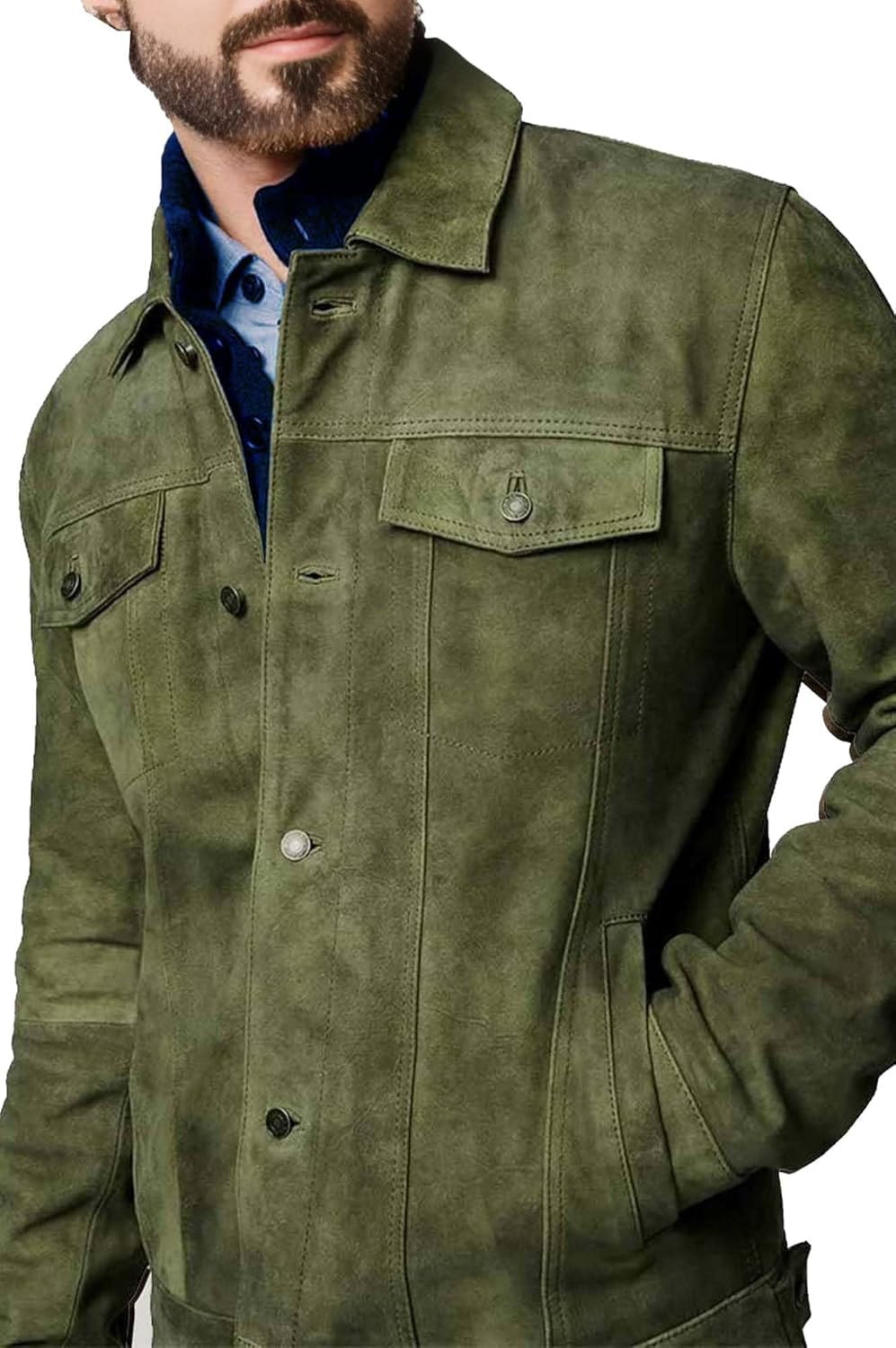 Men's Suede Leather Jacket Real Lambskin Suede Casual Leather Jackets For Men Suede Trucker Coat for Mens (US, Alpha, Large, Regular, Regular, Olive)