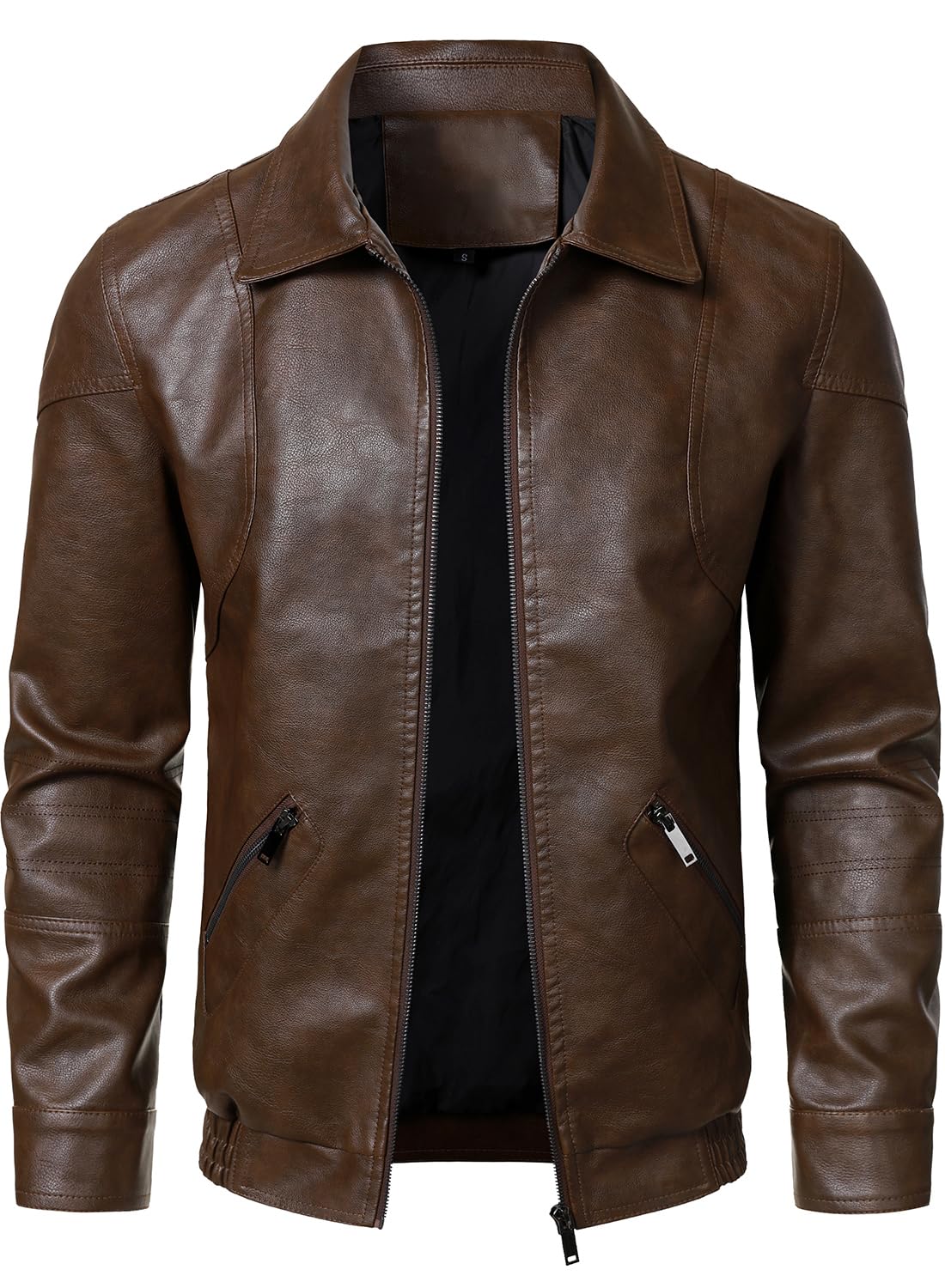 HOOD CREW Men’s Faux Leather Jacket Biker Coats Stylish Leather Bomber Jacket for Men Coffee M