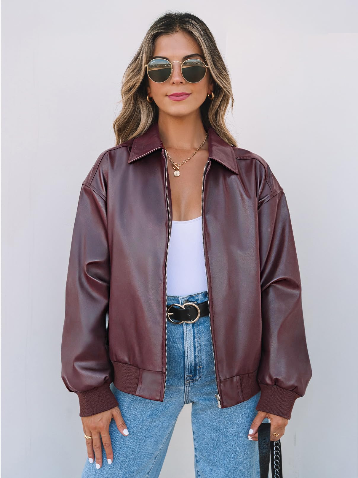 MEROKEETY Women's Winter Spring Oversized Faux Leather Jacket 2026 Fall Zip Up Motorcycle Coats Fashion Outfits Clothes, Burgundy, Large