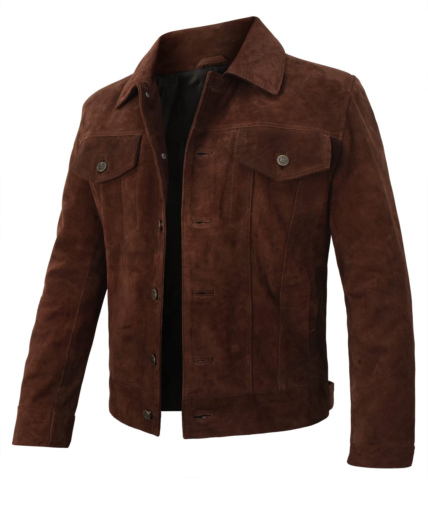 III-Fashions Premium Brown Suede Leather Biker Trucker Jacket - Vintage Classic Western Trucker Geniune Suede Jacket (Logn, Dark Brown XXL) - chaqueta cuero hombre - Real Leather Jacket For Men