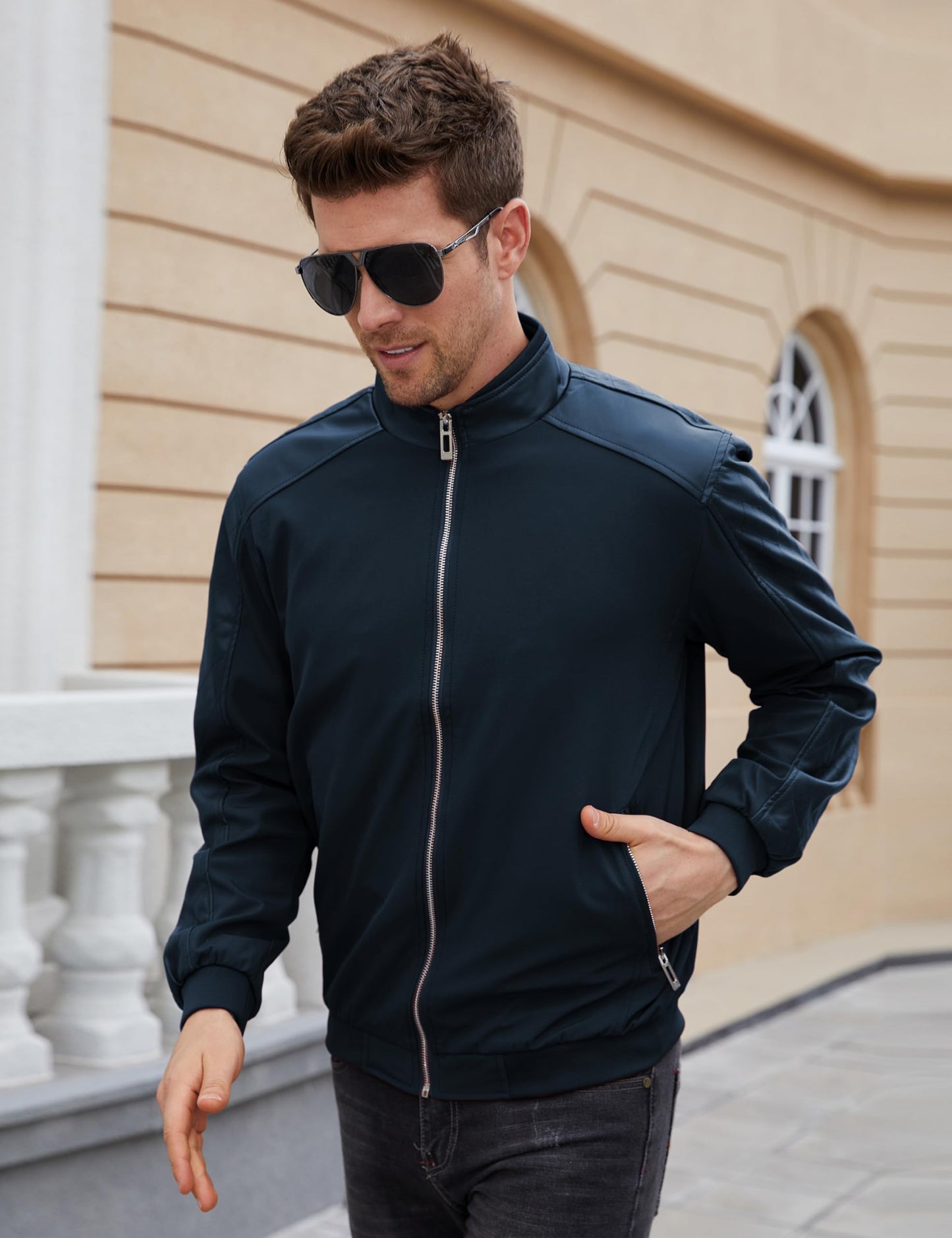 Tanming Men's Casual Slim Fit Lightweight Zip Up Softshell Bomber Jacket (XX-Large, Blue)