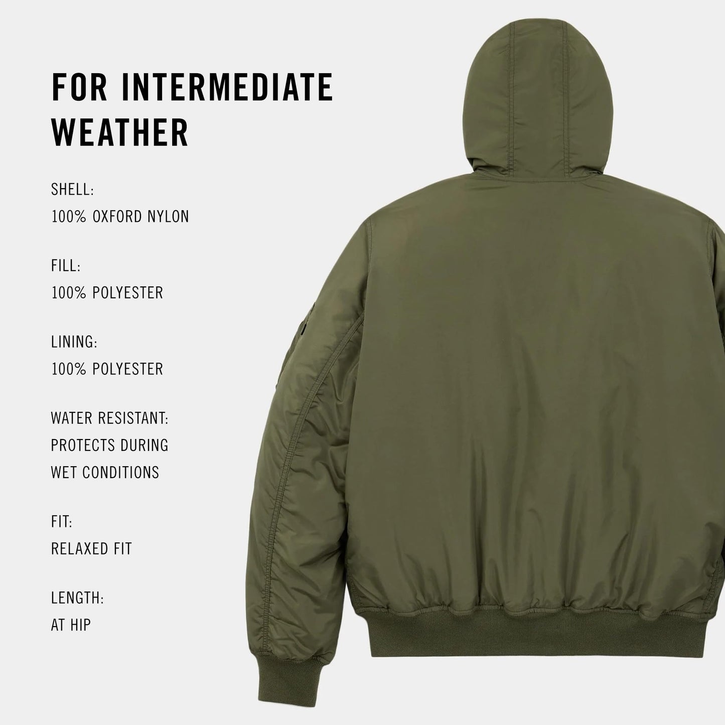 Alpha Industries MA-1 Hooded Oxford Flight Jacket for Men – Bomber Lightweight Nylon Shell – Utility Sleeve Pocket – Rib-Knit Trim – Fleece Hood – Zipper Closure – Military Jacket, Green, M