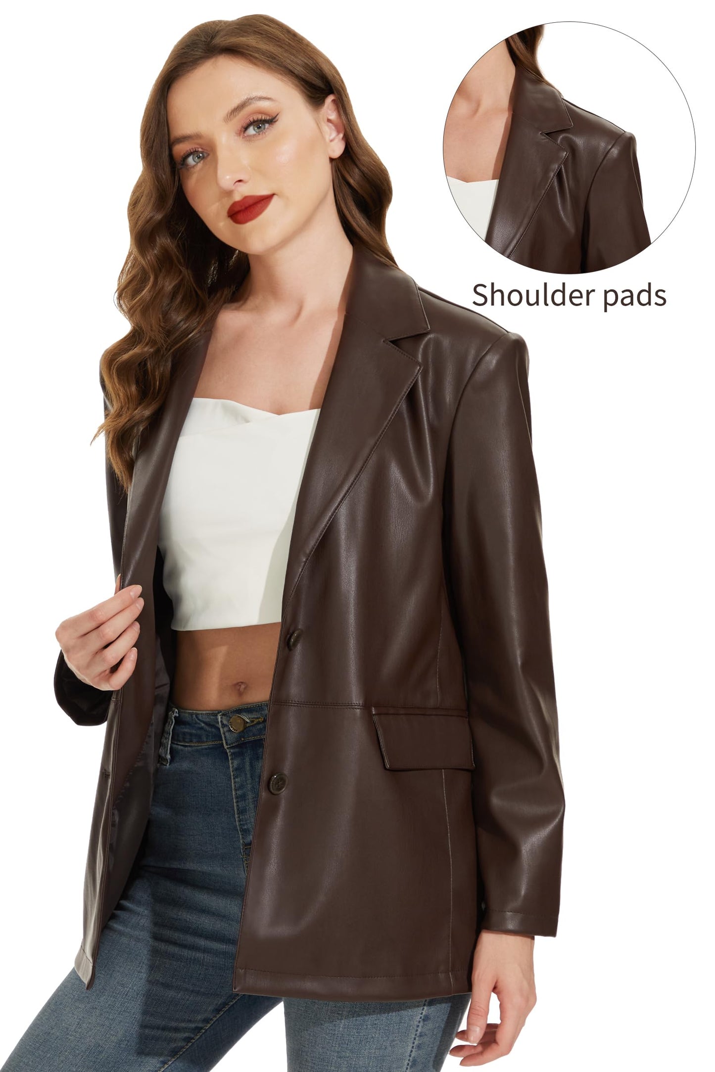 Fahsyee Women's Faux Leather Blazer, Vintage Moto Style Coat, L