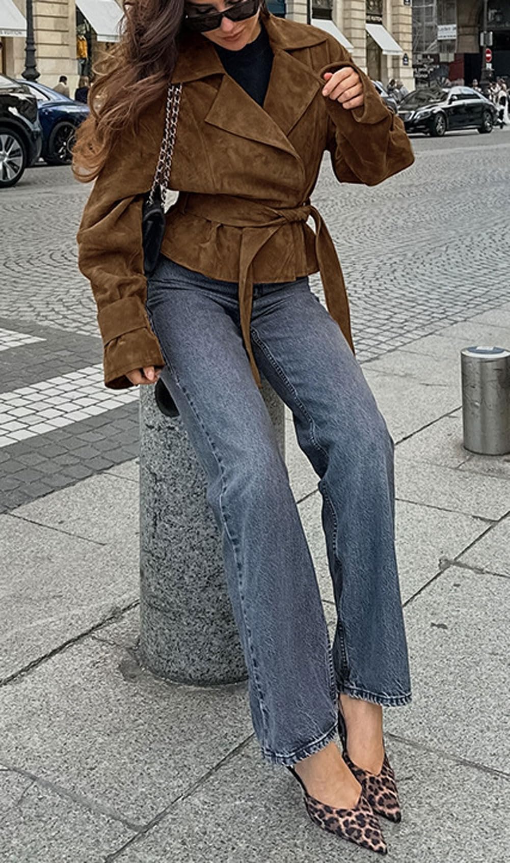 CHARTOU Faux Suede Leather Jacket 2025 Vintage Casual Cropped Wrap Coat with Belt (Large,Brown)