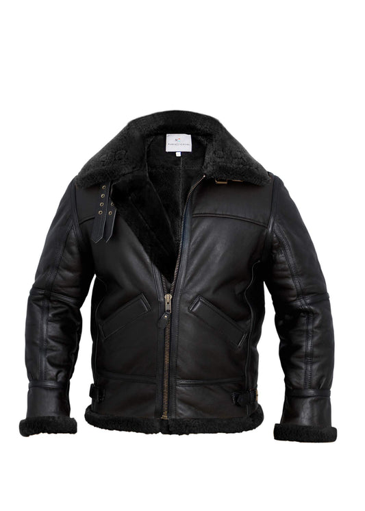 MARCO ENZOLANI Men B3 Bomber Jacket Aviator Real Shearling B3 Bomber Sheepskin Jacket Winter Black (Black, Xs)