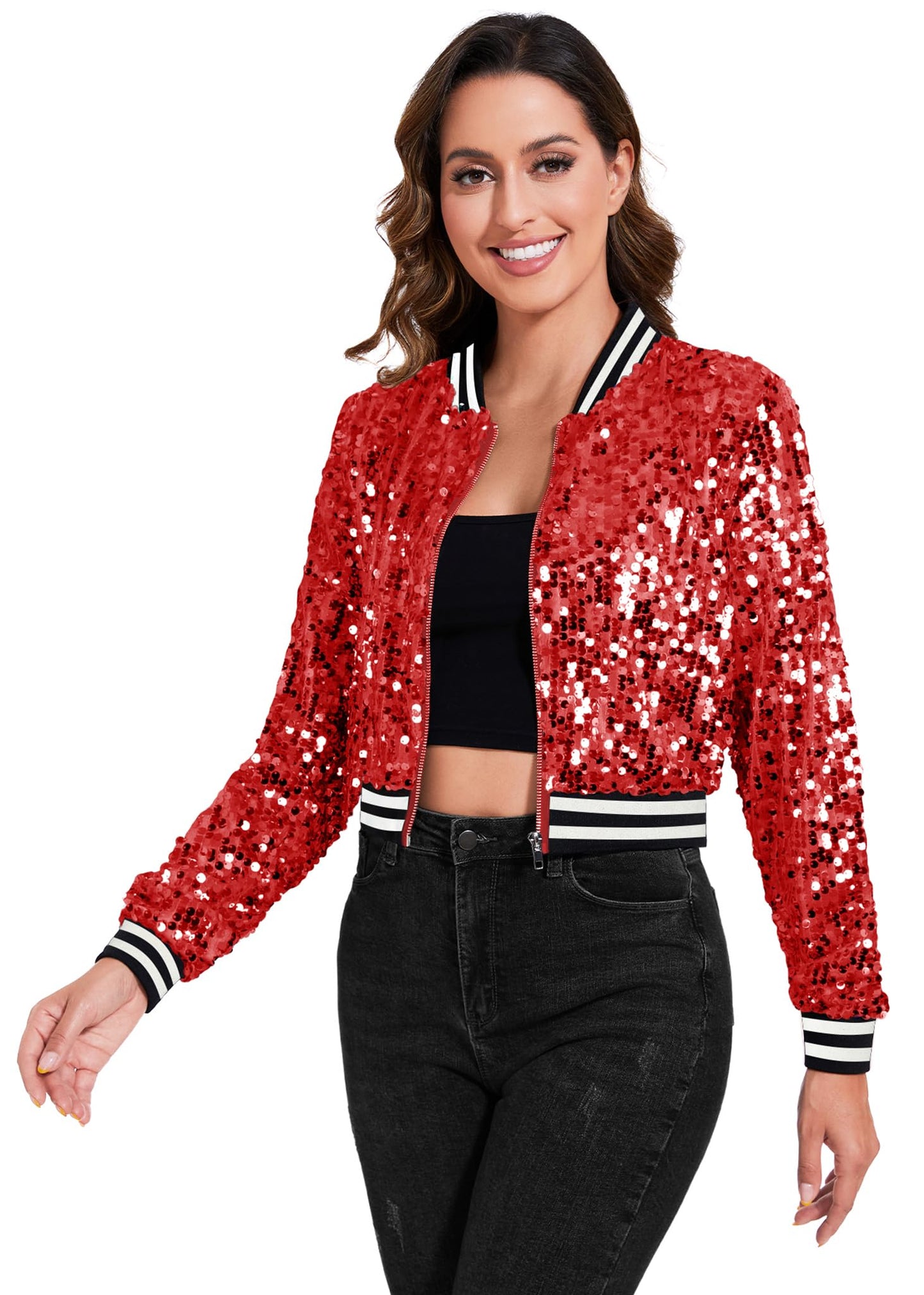 Anna-Kaci Women's Sparkly Sequin Cropped Jacket Long Sleeve Zipper Up Party Club Bomber Jacket, Red, X-Large