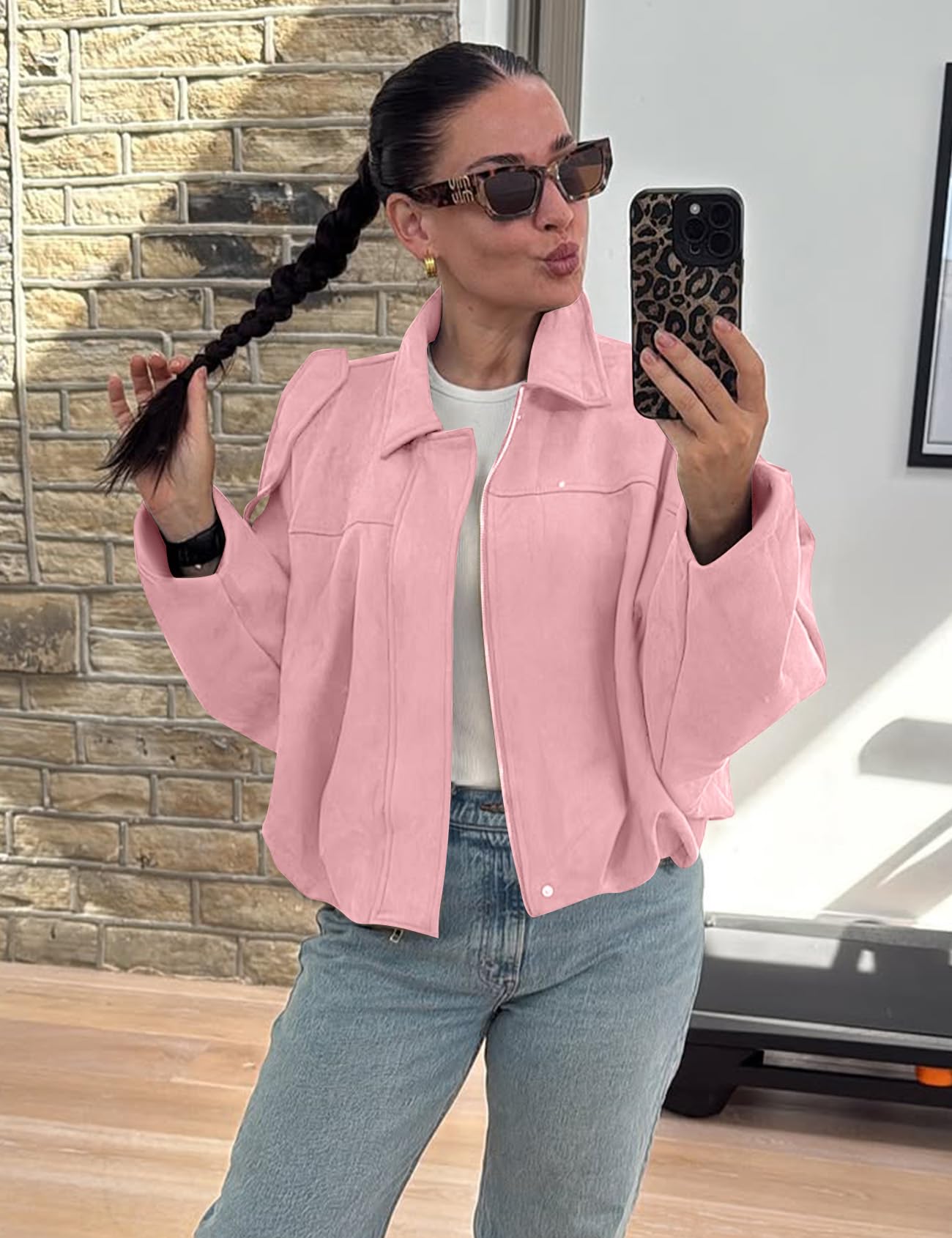 Kissonic Womens Faux Suede Bomber Jacket Oversized Batwing Long Sleeve Zip Up Cropped Coat Streetwear(Pink-L)