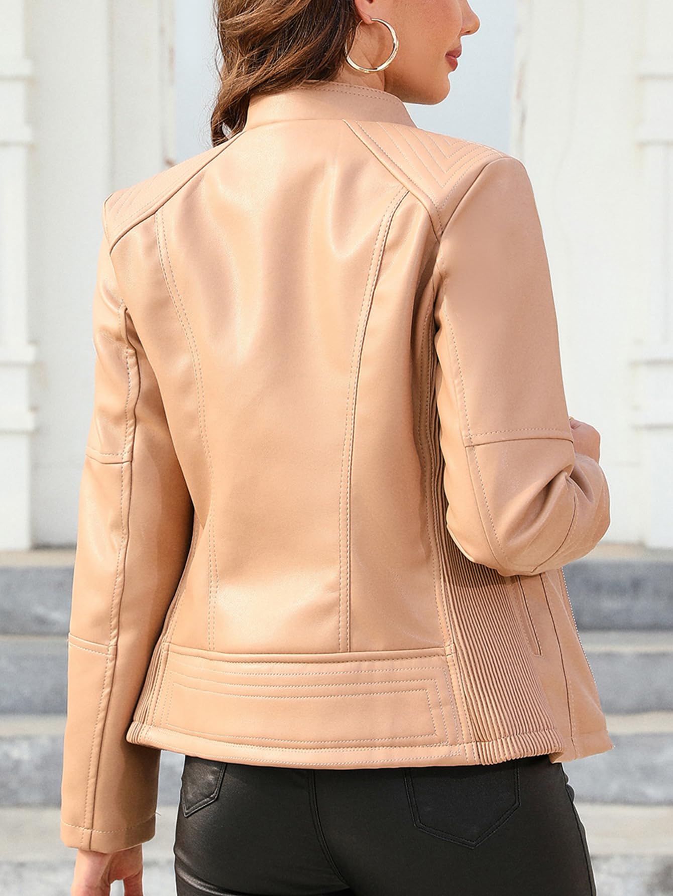 Bellivera Faux Leather Women Motorcycle Stand Collar Jacket Khaki XL