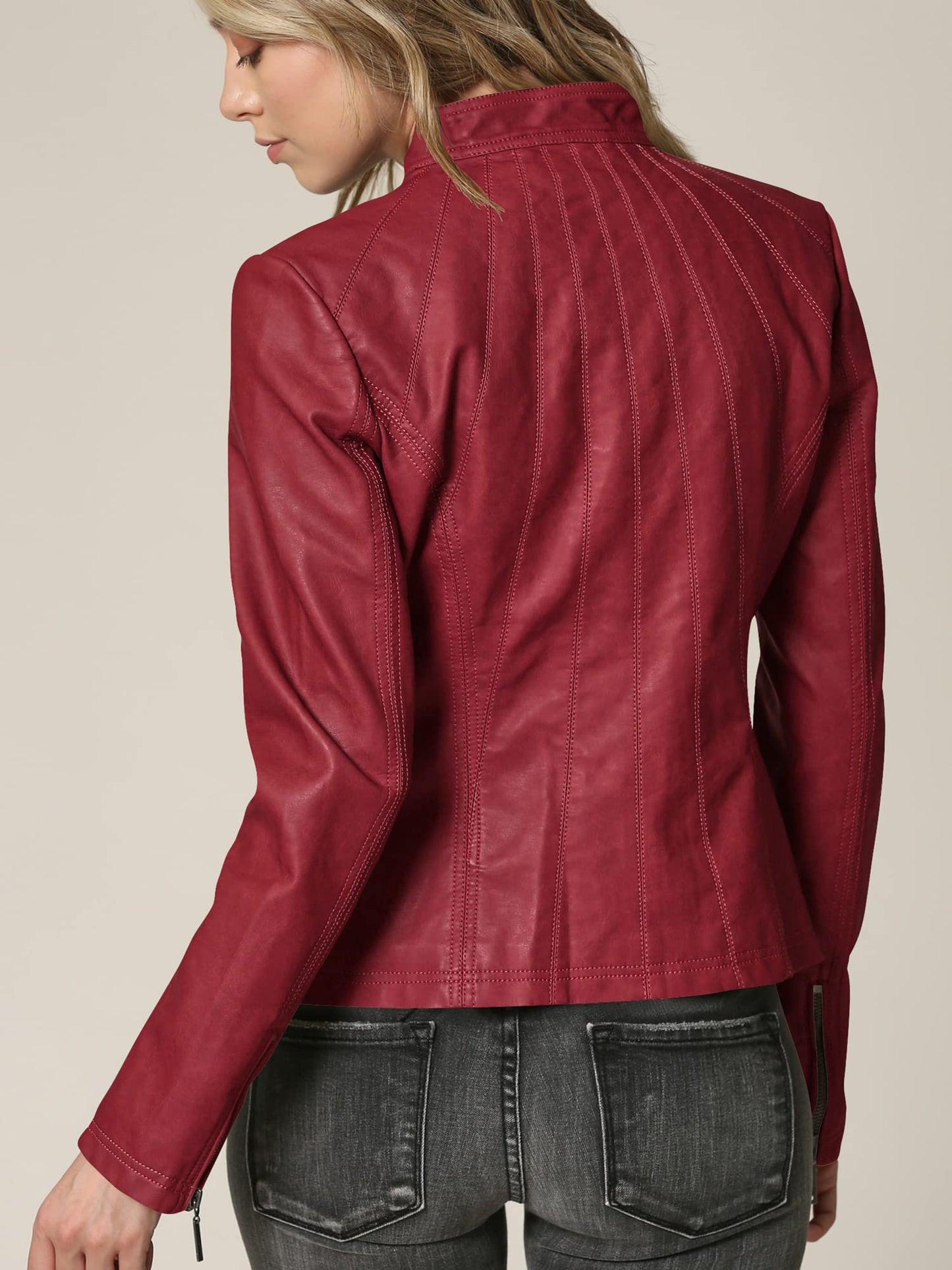 LL WJC877L Womens Panelled Faux Leather Moto Jacket XS RED