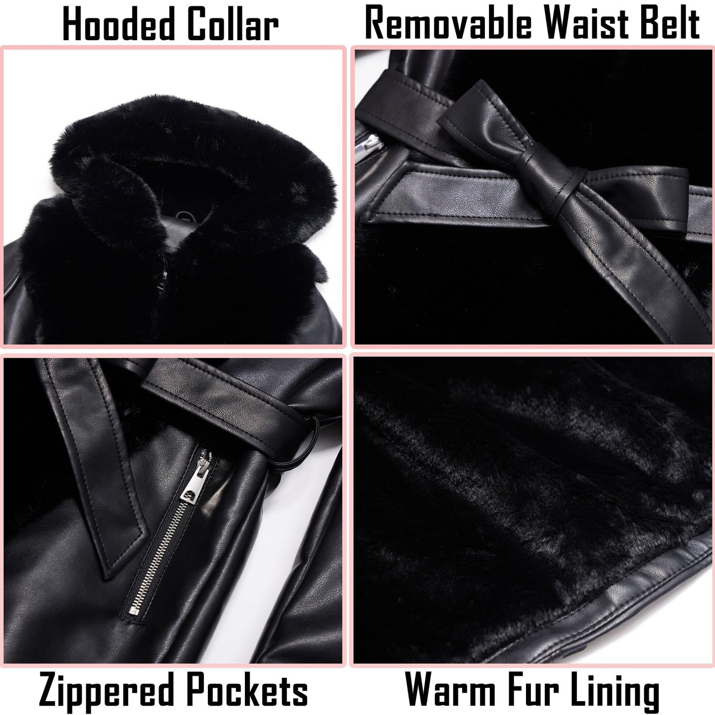 RISISSIDA Luxurious Fur Lined Faux Leather Jacket Women Winter Coat Hood Long Fur Collar Cuffs Zipper Up Pockets,Thick Warm Heavy Overcoat Belted Black M