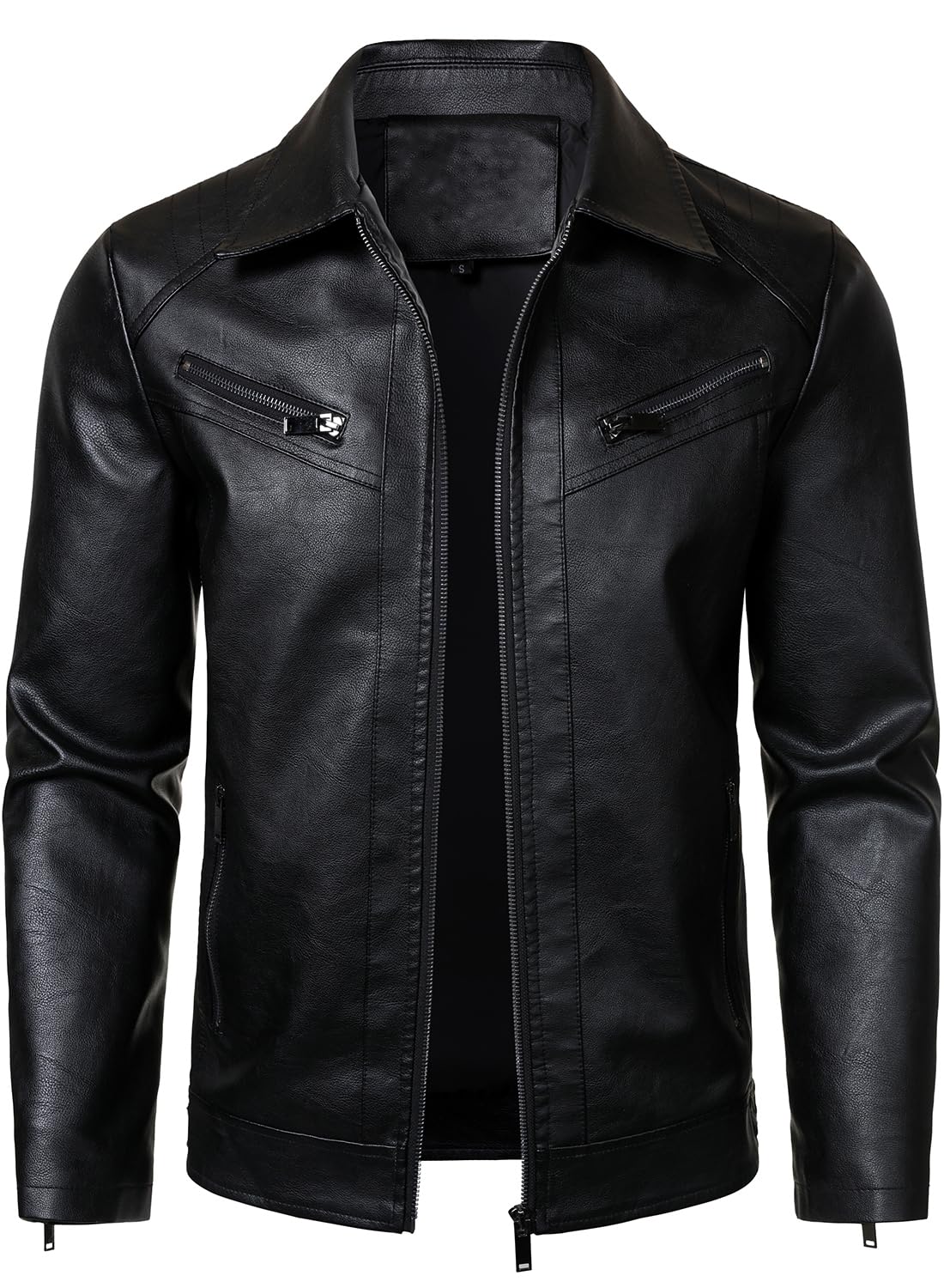 HOOD CREW Mens PU Leather Jacket Classic Style Turn Down Collar Faux Leather Biker Jackets Black M