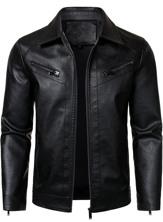 HOOD CREW Mens PU Leather Jacket Classic Style Turn Down Collar Faux Leather Biker Jackets Black M