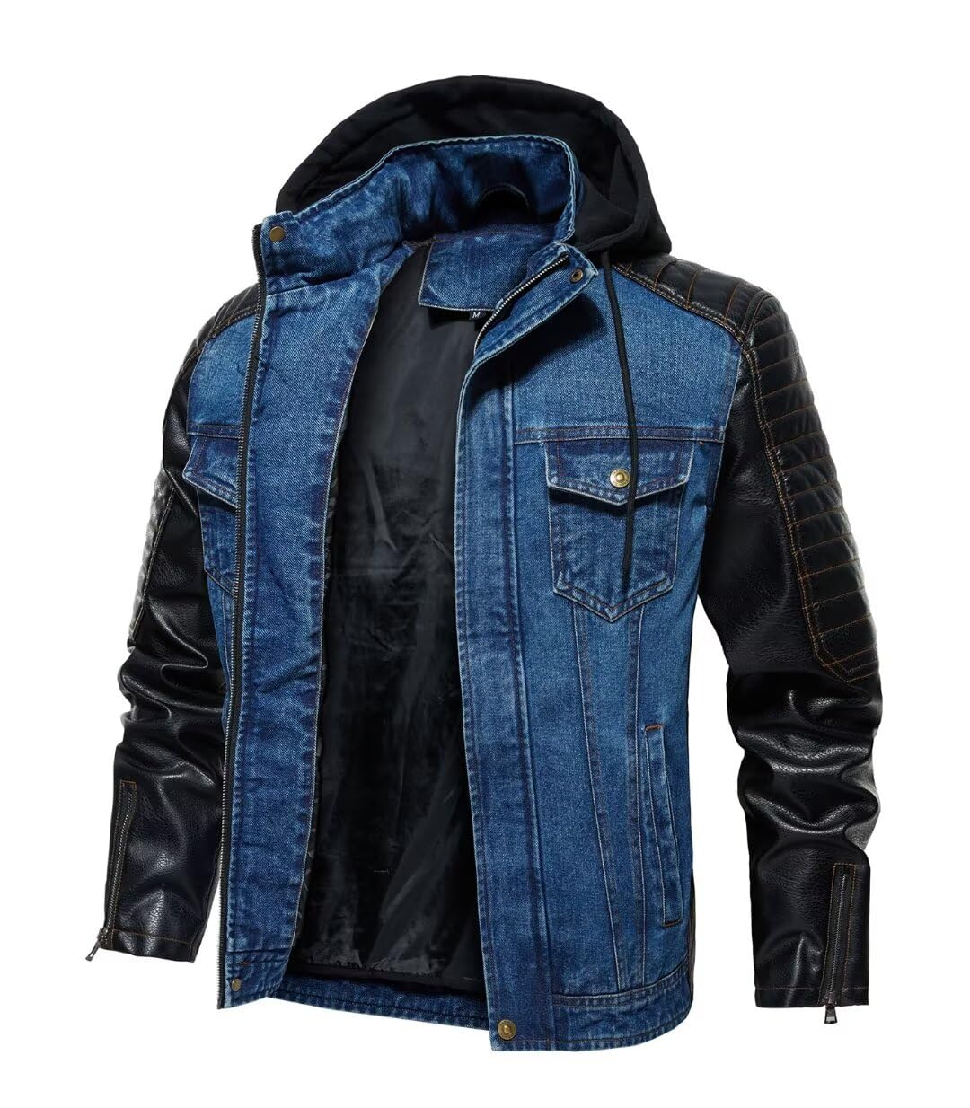 FTIMILD Mens Denim Jacket with Pu Leather Patchwork Biker Jacket with Detachable Hood Jean Jacket with Multiple Pockets