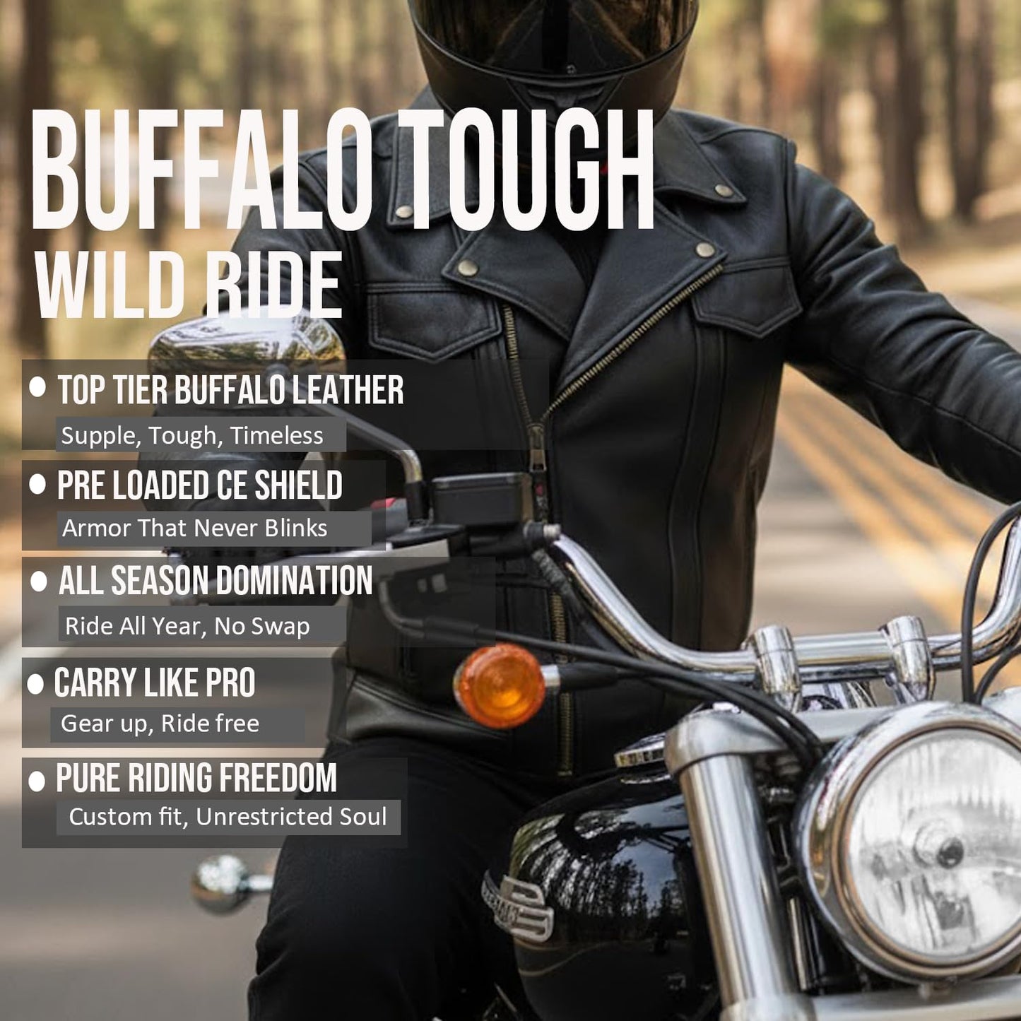OUTRIDER Men's Motorcycle Jacket, Premium Natural Buffalo Leather, CE Armor, Utility Pockets, Biker Touring Black XL