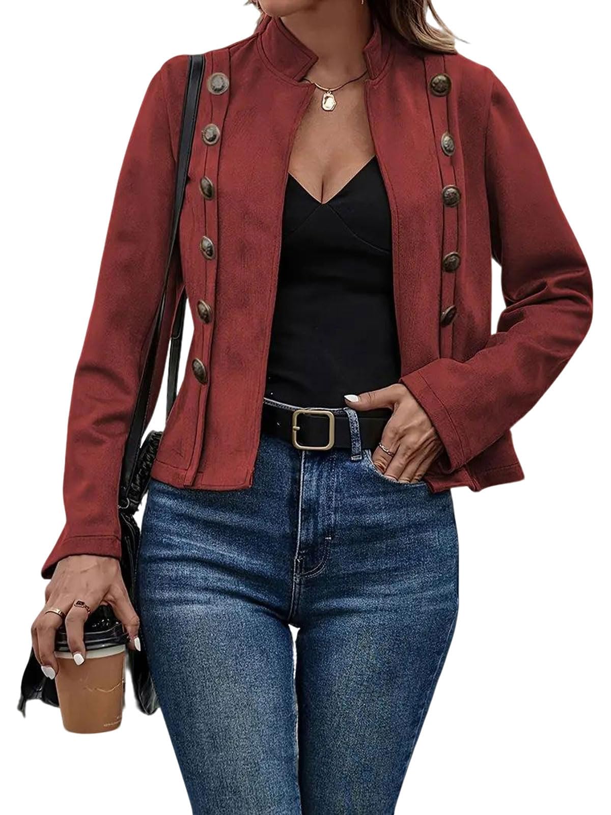utcoco Women's Faux Suede Leather Jacket Casual Long Sleeve Blazer Jacket Coat 2025 Fall Outfits (Medium, Red)