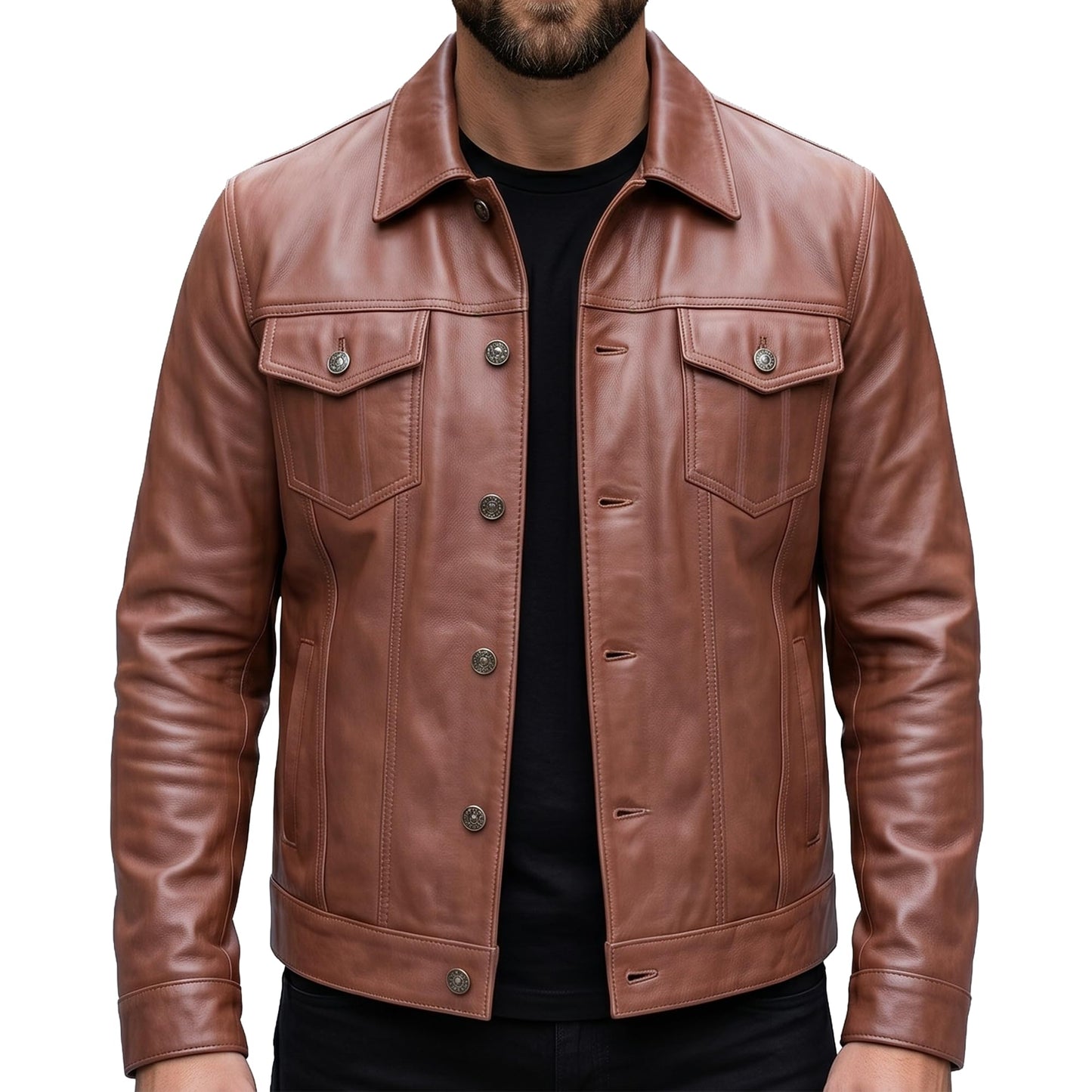 UrbanFocal Brown Leather Jacket Men - Real Lambskin Trucker Style Vintage Leather Jackets | [101002503] F.Trucker Cognac, M
