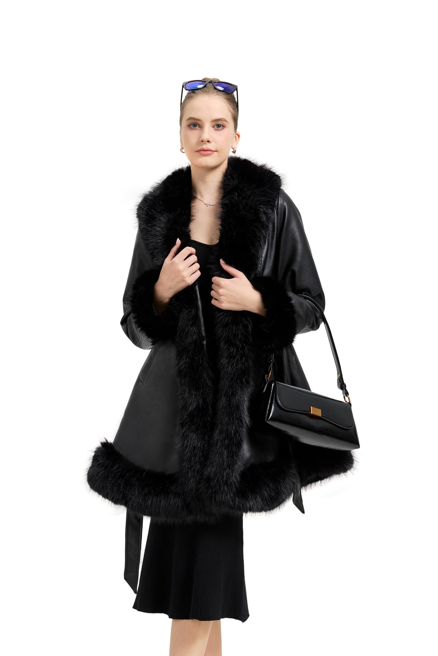 GRAN ORIENTE Women's Faux Leather Long Trench Jacket with Faux Fur Collar, Winter Warm Lined Trim Parka Coat with Belt (GK166 Black M)