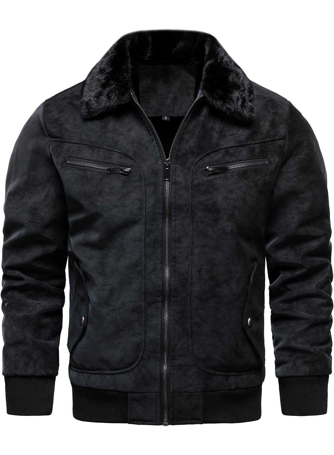 HOOD CREW Men’s Faux Fur Flight Bomber Jacket Vintage Winter Coats Fleece Lined Leather Jackets Black XL