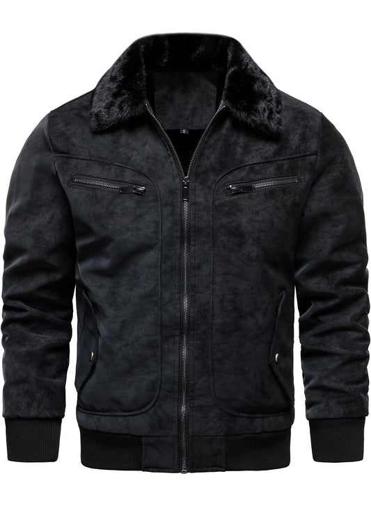 HOOD CREW Men’s Faux Fur Flight Bomber Jacket Vintage Winter Coats Fleece Lined Leather Jackets Black XL