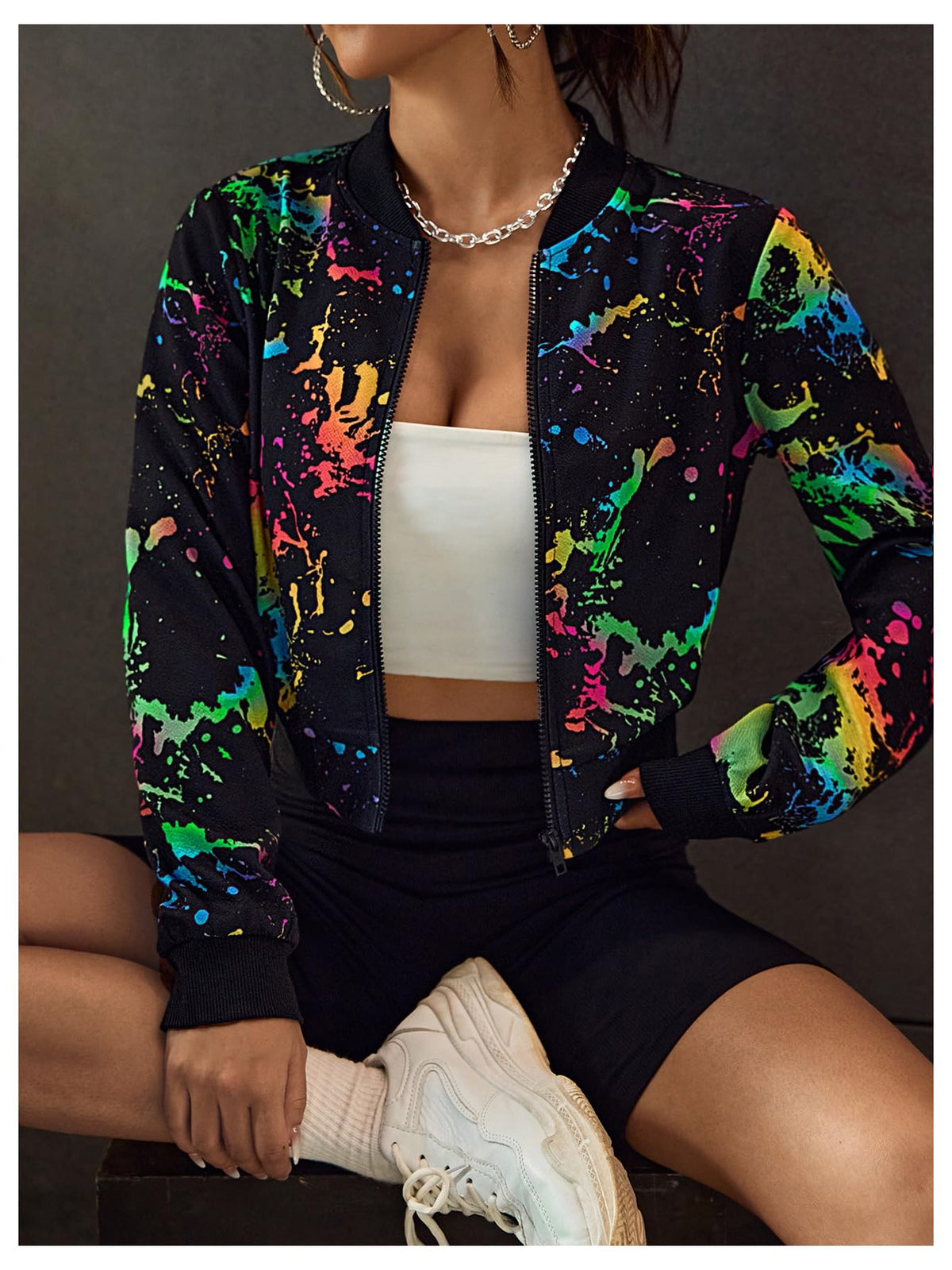 SweatyRocks Women's Splatter Print Zip Up Bomber Jackets Crop Tops