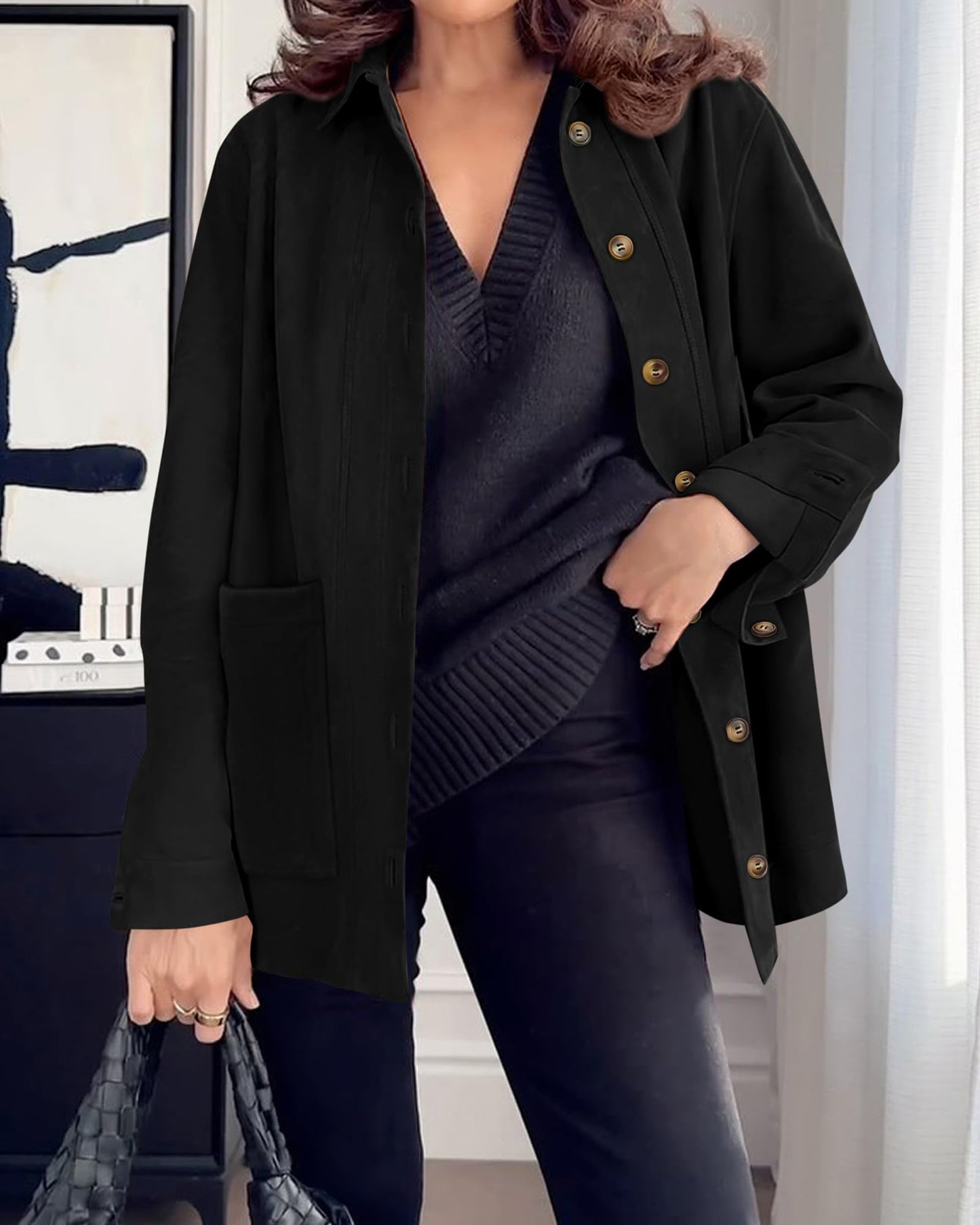 BTFBM Faux Suede Jacket Women Fall Fashion 2026 Leather Jackets Long Sleeve Button Down Winter Coats Shackets Outerwear(Black, Medium)