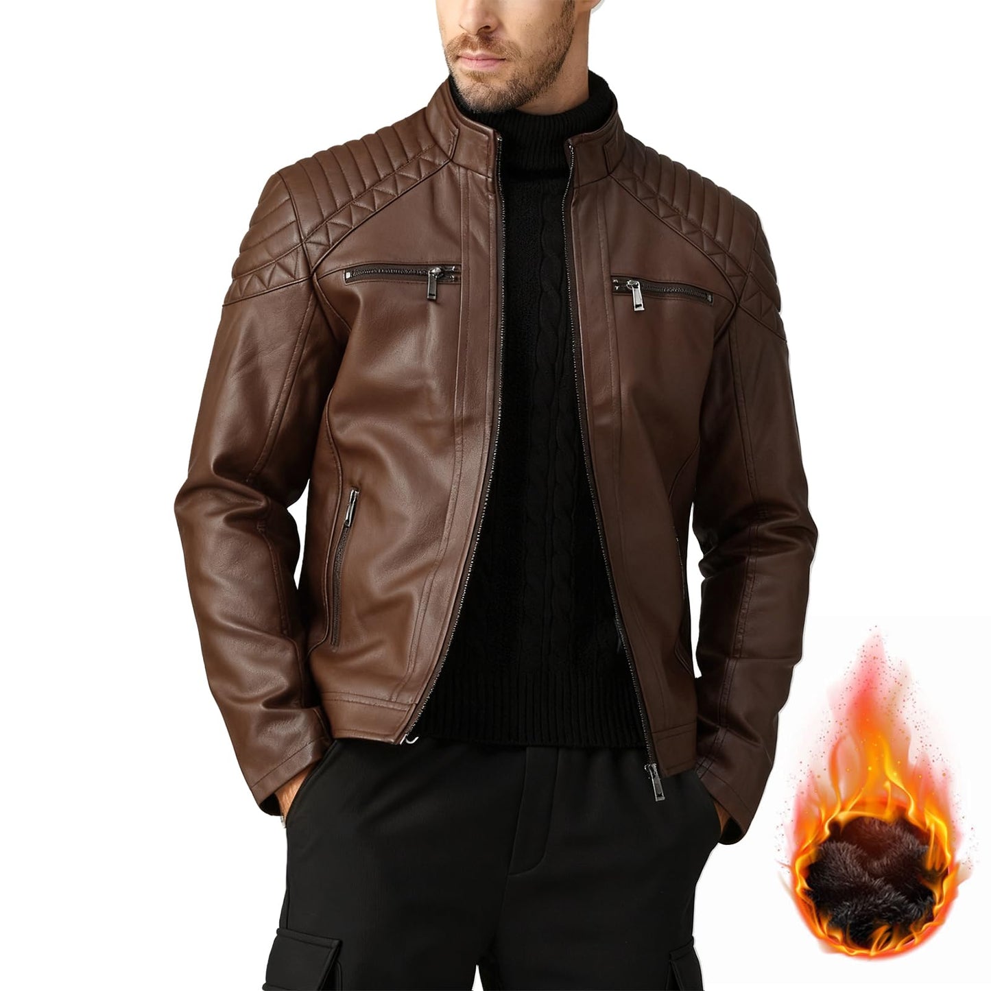 LEDUNTINO Men's Stand Collar Winter PU Faux Leather Jacket Fleece Lined Zip-Up Motorcycle Bomber Jacket Slim Fit Biker Coat Coffee Large