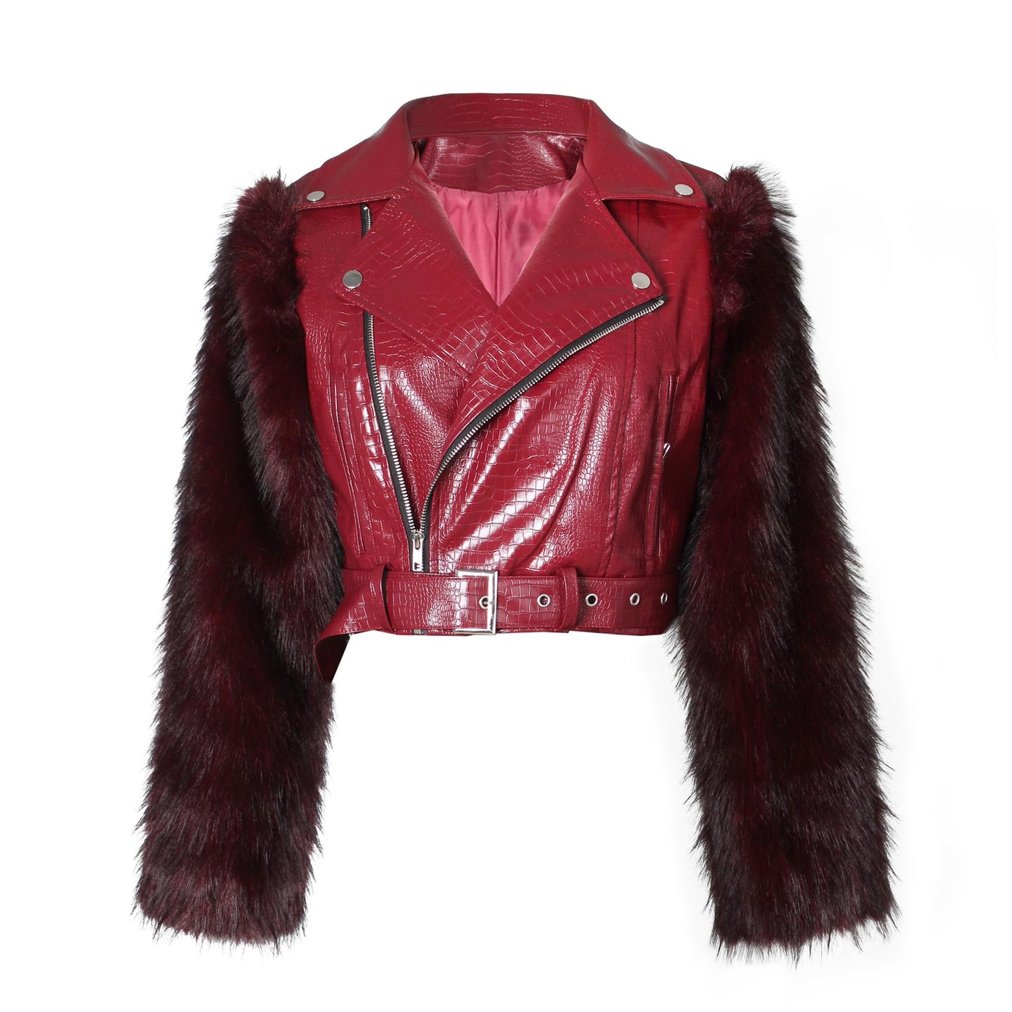 pnahip Faux Fur Leather Jackets for Women Lapel V Neck Long Sleeve Zipper Patchwork Crop Jacket Going Out Outerwear, Red, XL