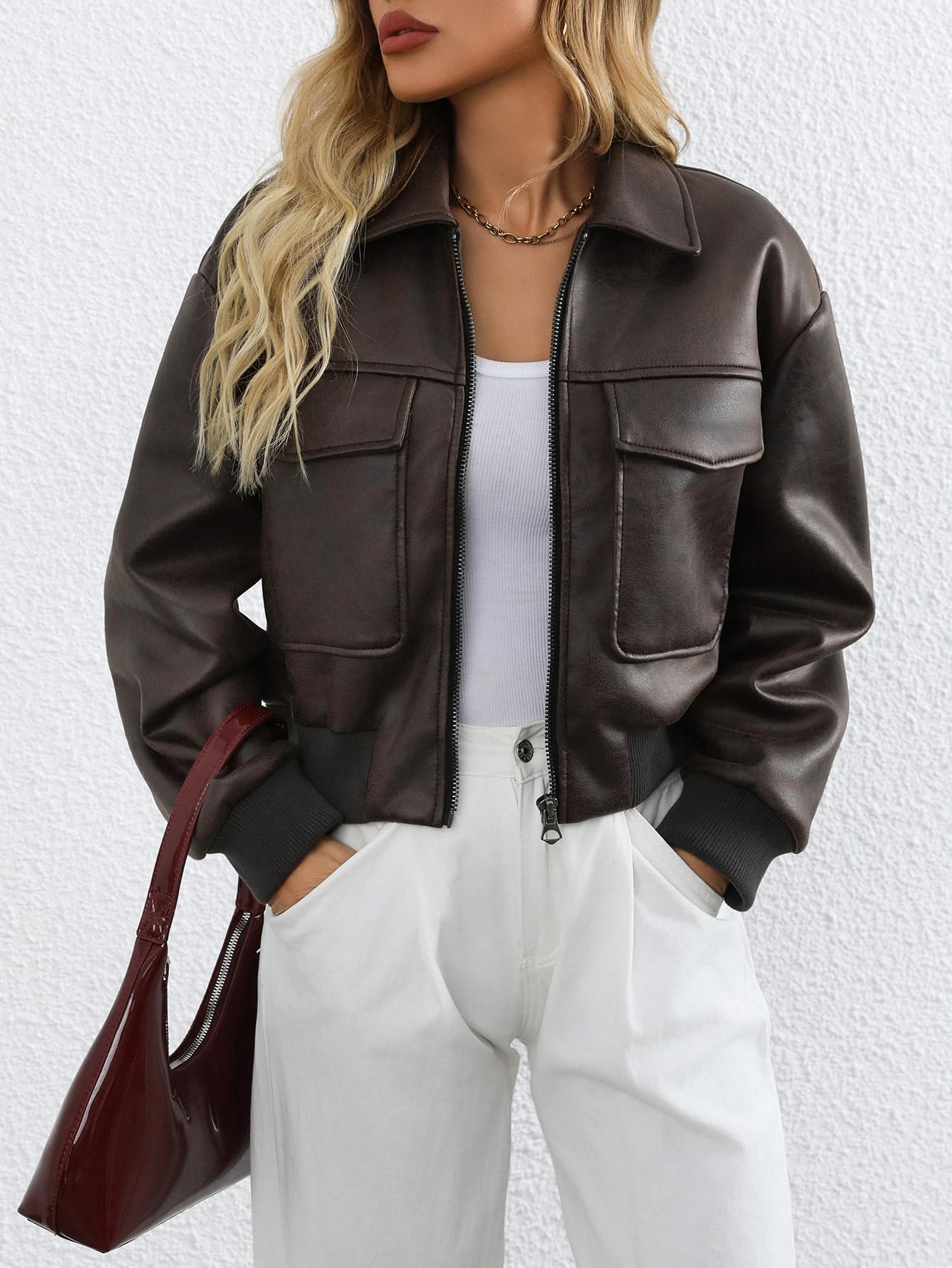 LY VAREY LIN Women Faux Leather Bomber Jacket Distressed Button Front Aviator Biker Coat