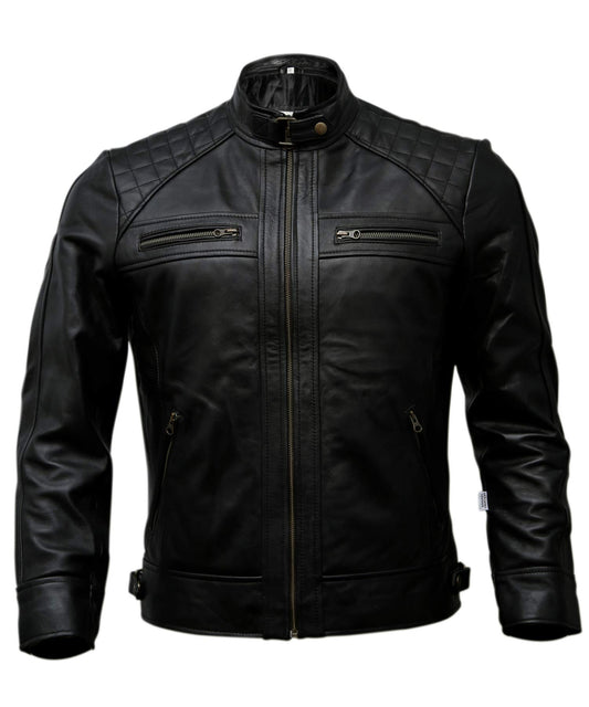 Mens Genuine Leather Biker Jacket Black | Vintage Brown Distressed Lambskin Motorcycle Jackets for Men (Medium, Black)