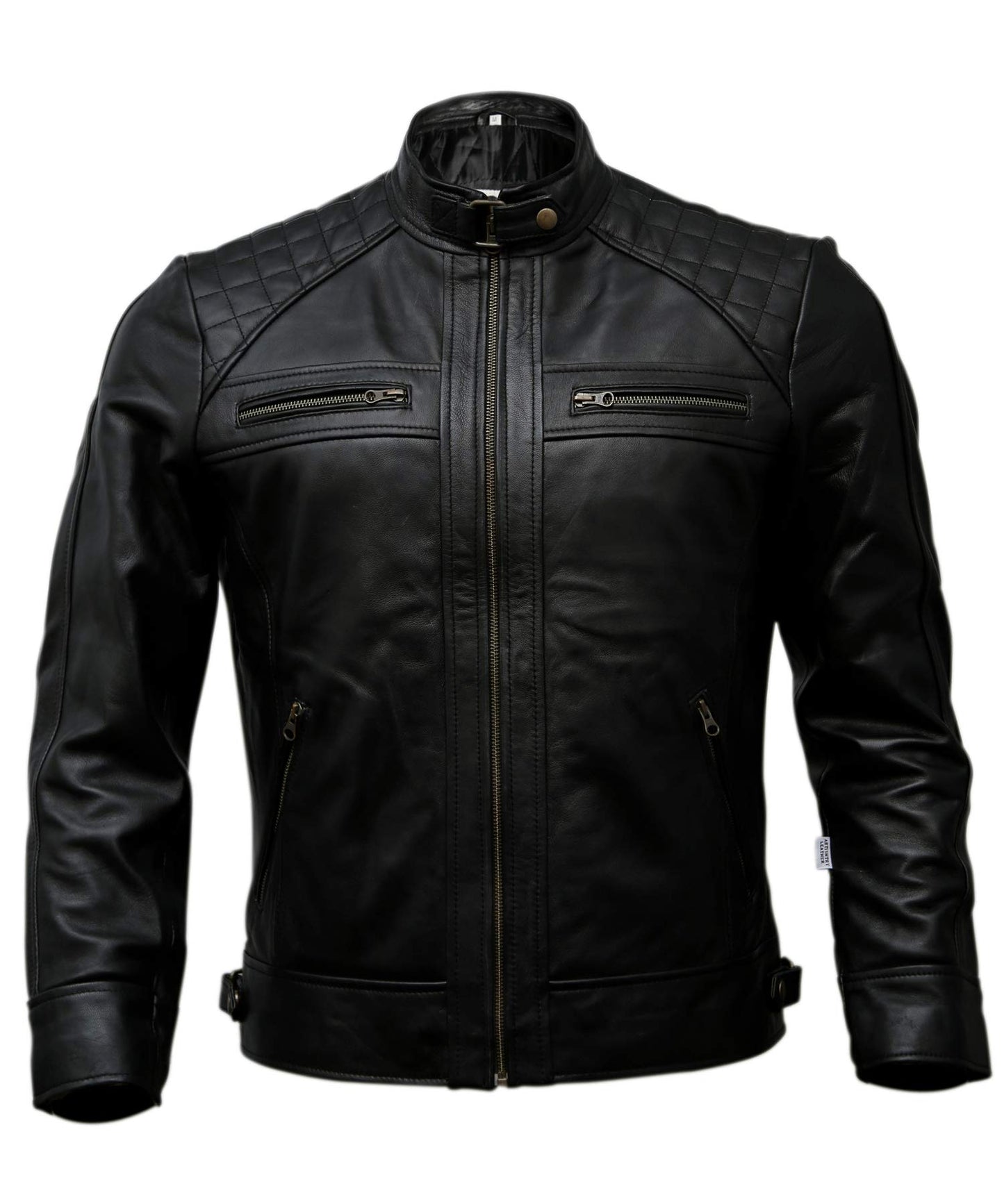 Mens Genuine Leather Biker Jacket Black | Vintage Brown Distressed Lambskin Motorcycle Jackets for Men (Black, Large)