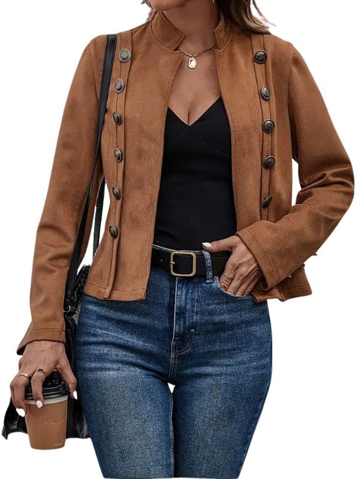 utcoco Women's Faux Suede Leather Jacket Casual Long Sleeve Blazer Jacket Coat 2025 Fall Outfits (Medium, Brown)