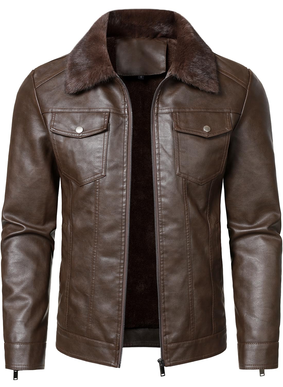 HOOD CREW Mens Leather Jacket Motorcycle Biker Jackets Casual Lightweight Faux Leather Winter Outwear Dark Brown S