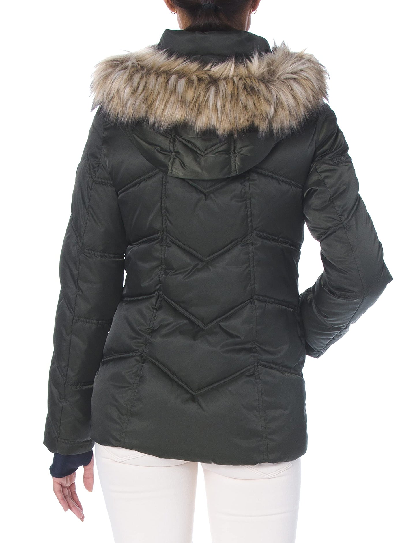Nautica Women's Stretch Puffer Jacket- Wind & Water-Resistant Winter Coat Faux Fur Lined Hood, Military Green, Medium