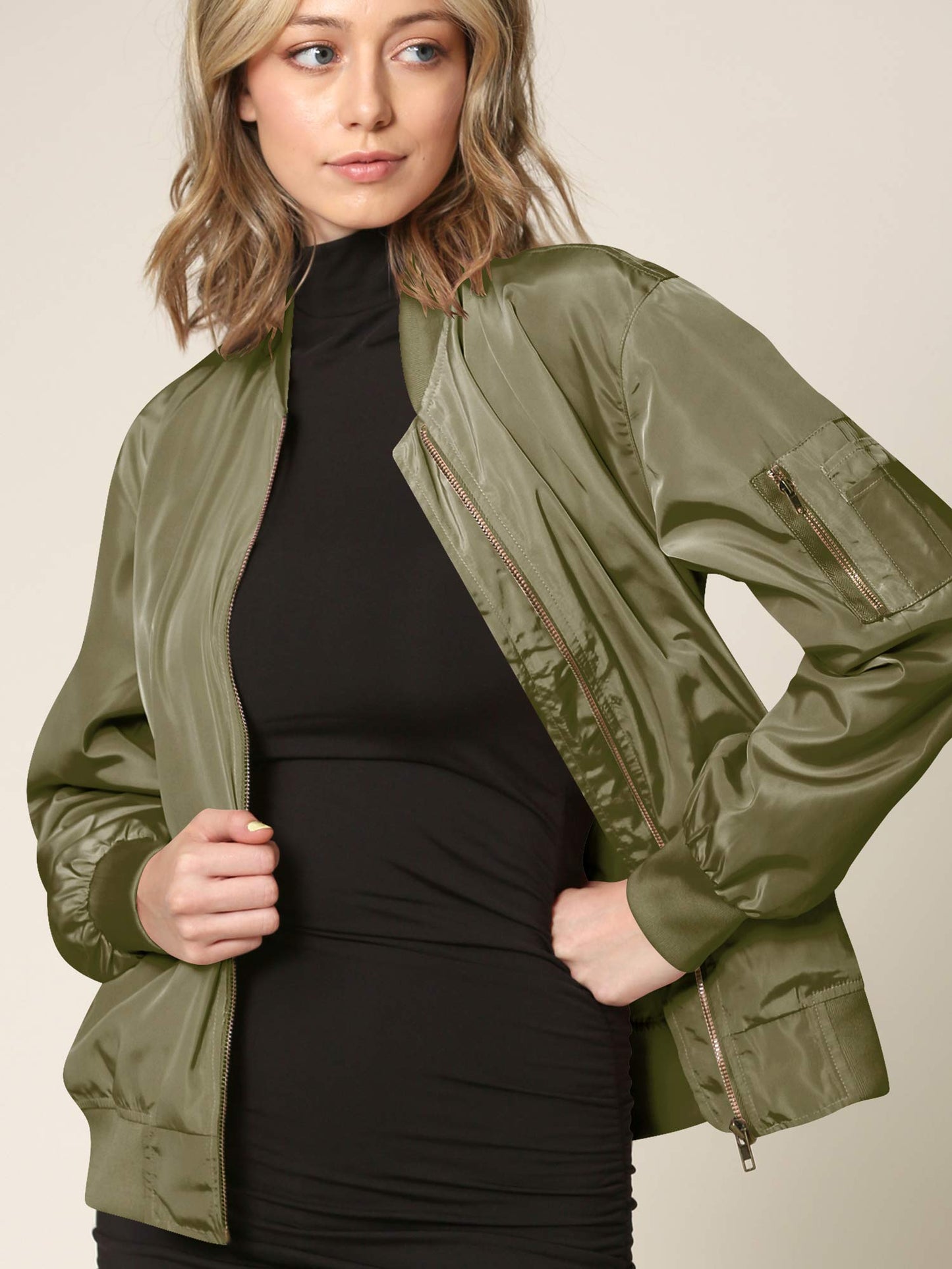 LL WJC2157 Women's Classic Lightweight Jacket Multi Pocket Windbreaker Bomber Jacket M Olive