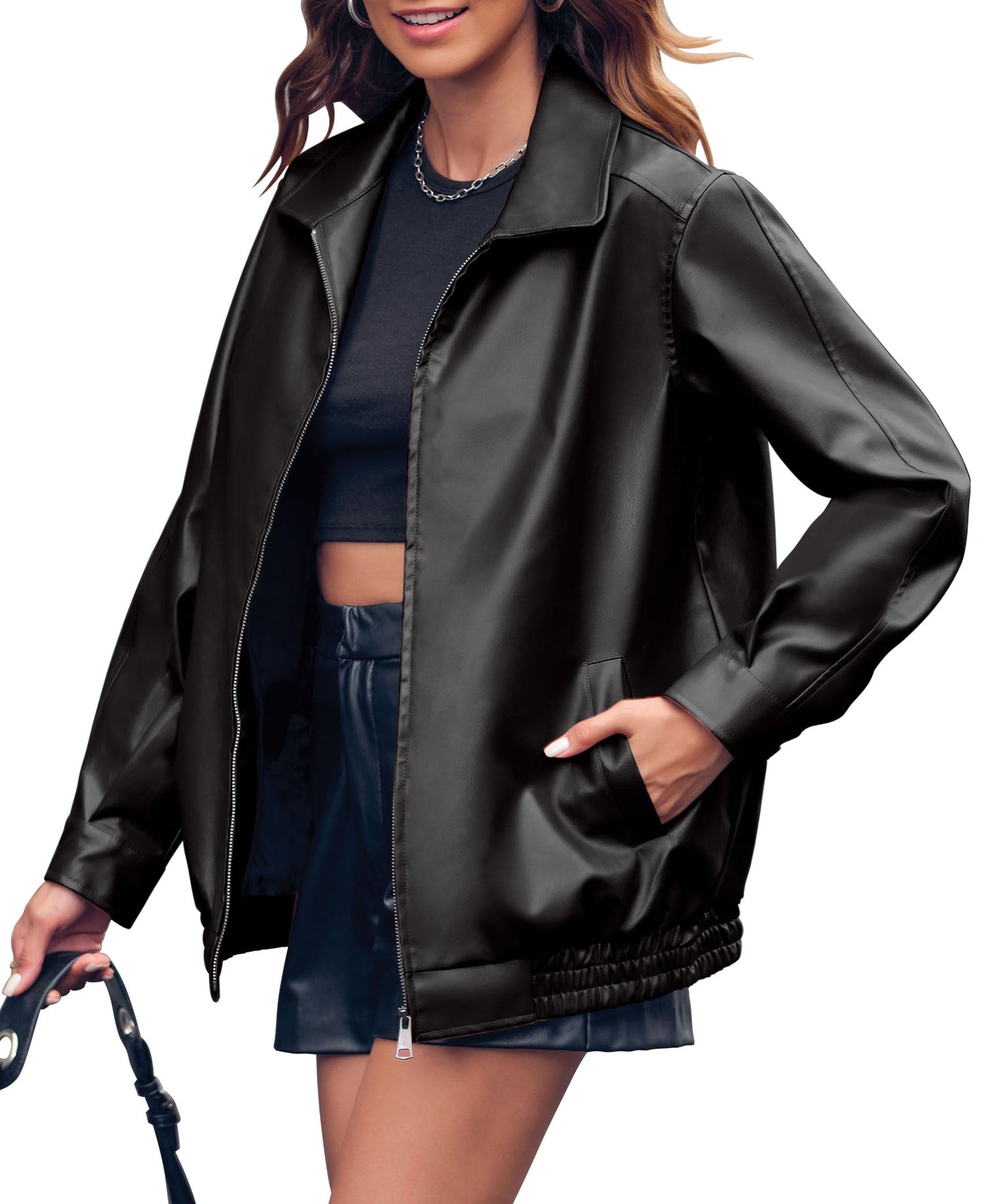 Miladusa Womens Leather Jackets Long Sleeve Warm Moto Biker Pleather Jacket Fall Coat 2026 Trendy Black M