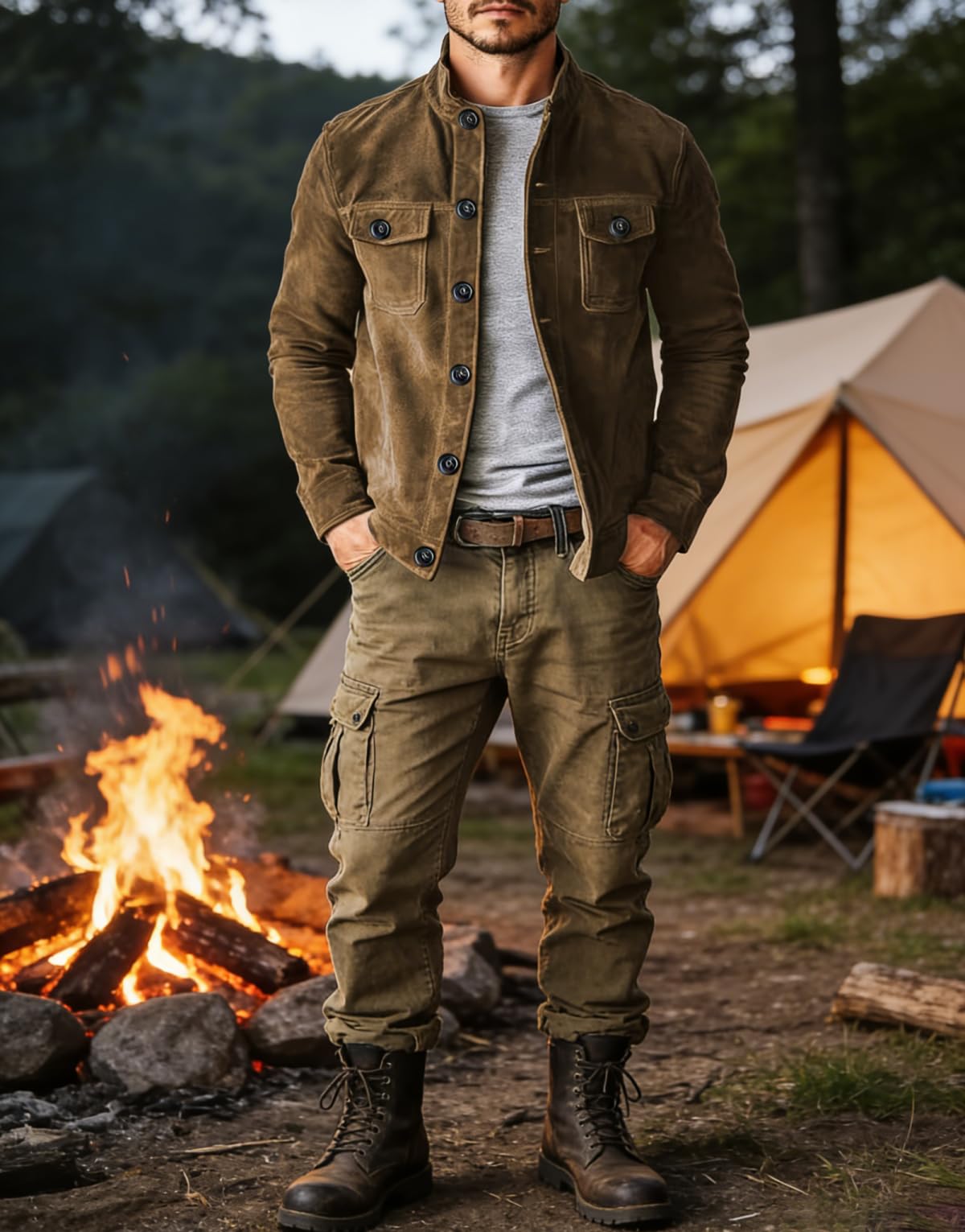 Men's Vintage Trucker Suede Leather Jacket Lightweight Casual Western Blazer Shirt Style Coat (Khaki，XL