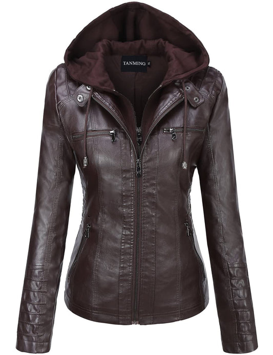 Tanming Womens Faux Leather Jacket Hooded Moto Biker Coat Outerwear Fall Fashion Outfits Winter Clothes