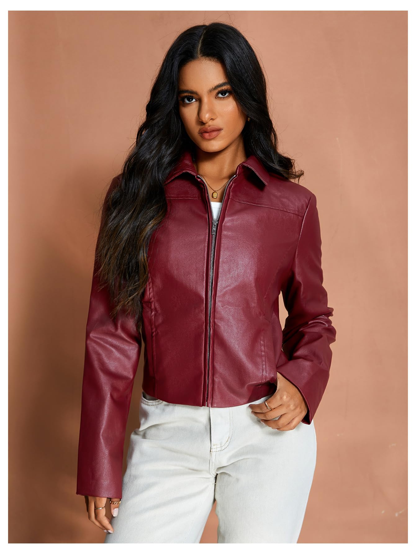 MakeMeChic Women's Crop Faux Leather Jacket Vintage Long Sleeve Collar Zip Up Biker Motorcycle Jackets Coats Burgundy Small
