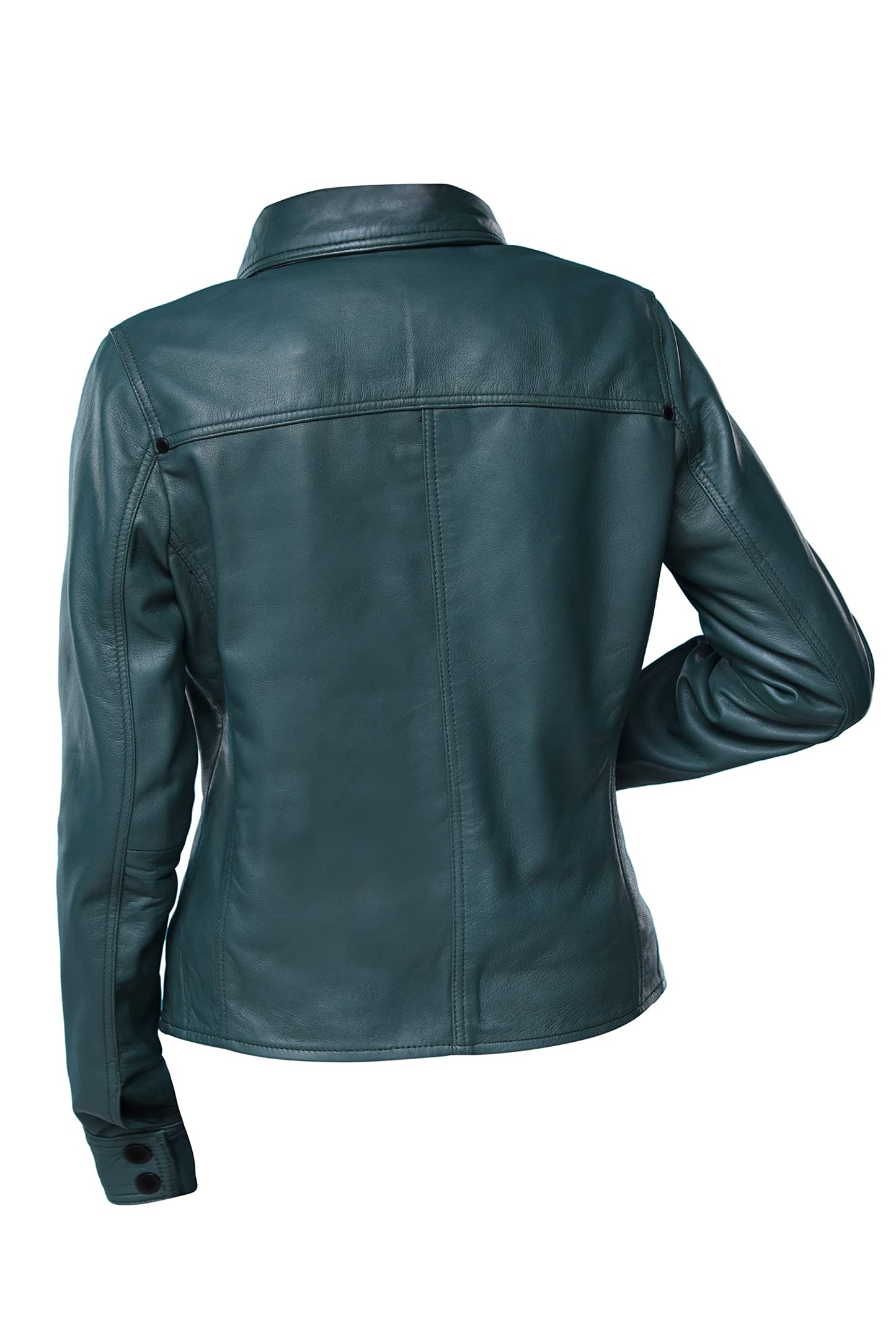 Jild Womens Button Front Lambskin Leather Jacket Shacket - Casual Shirt Long Sleeve Leather Jacket Women with Bust Pocket (Green-L)
