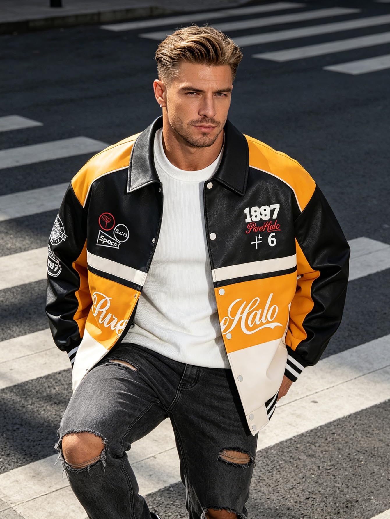 RAOENJADO Men's Racing Jacket Faux Leather Race Car Motorcycle Biker Style