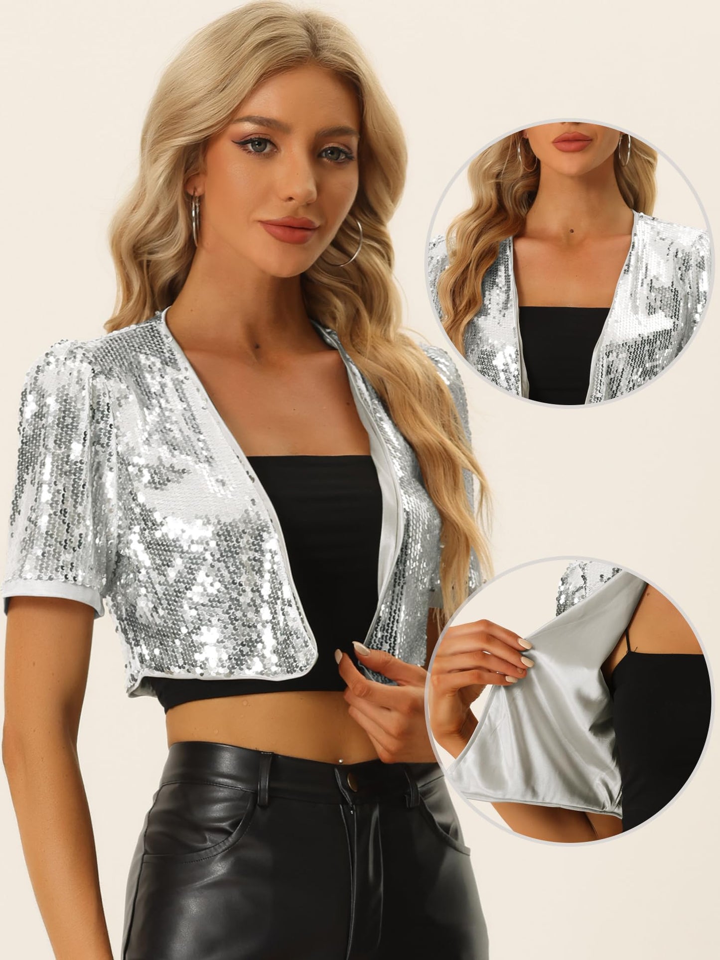 Allegra K Sequin Cardigan for Women Puff Sleeve Open Front Jacket Halloween Sparkly Glitter Cropped Shrug Bolero X-Small Silver