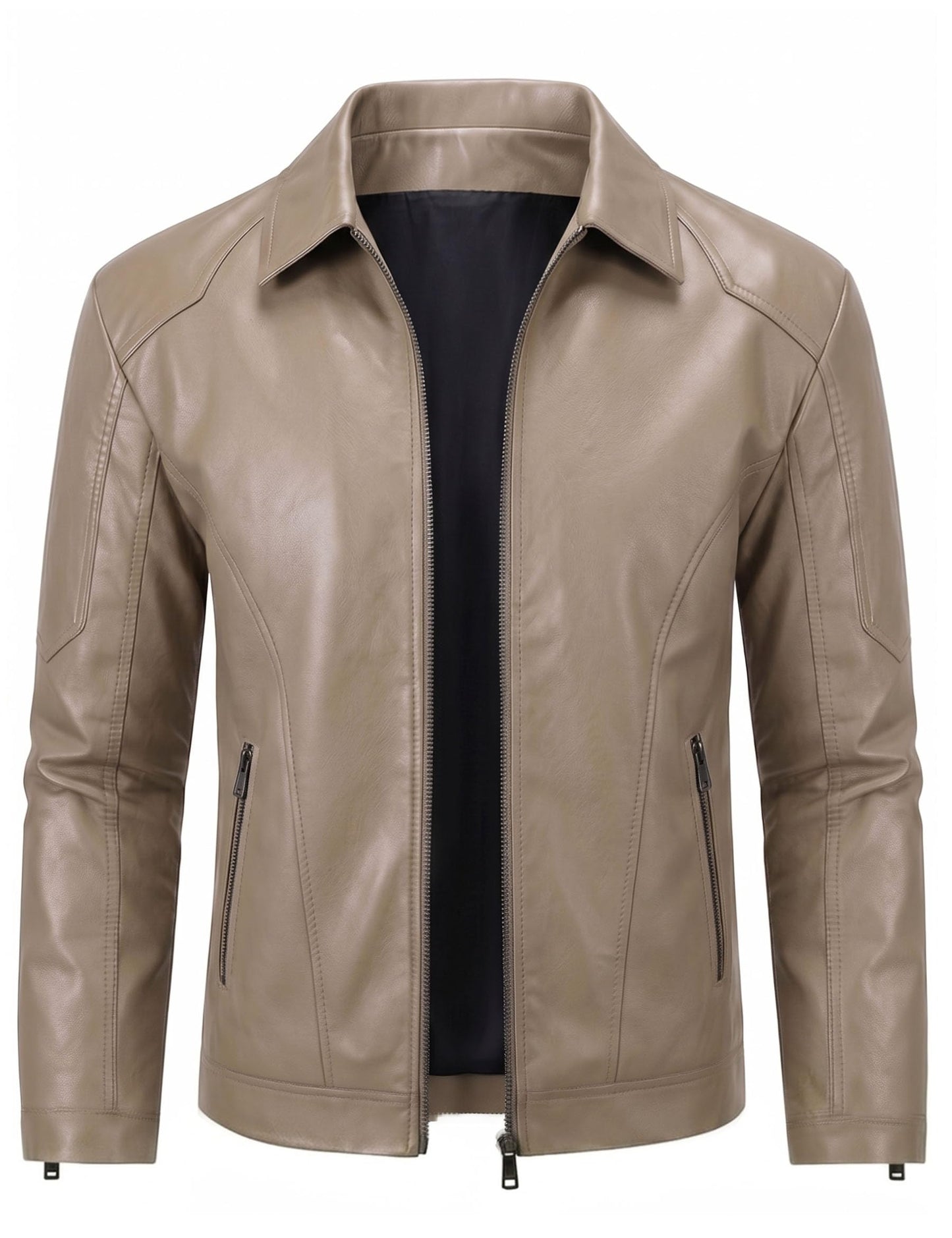 Khaki Leather Jacket Men Faux Leather Jackets Motorcycle Biker Coat L