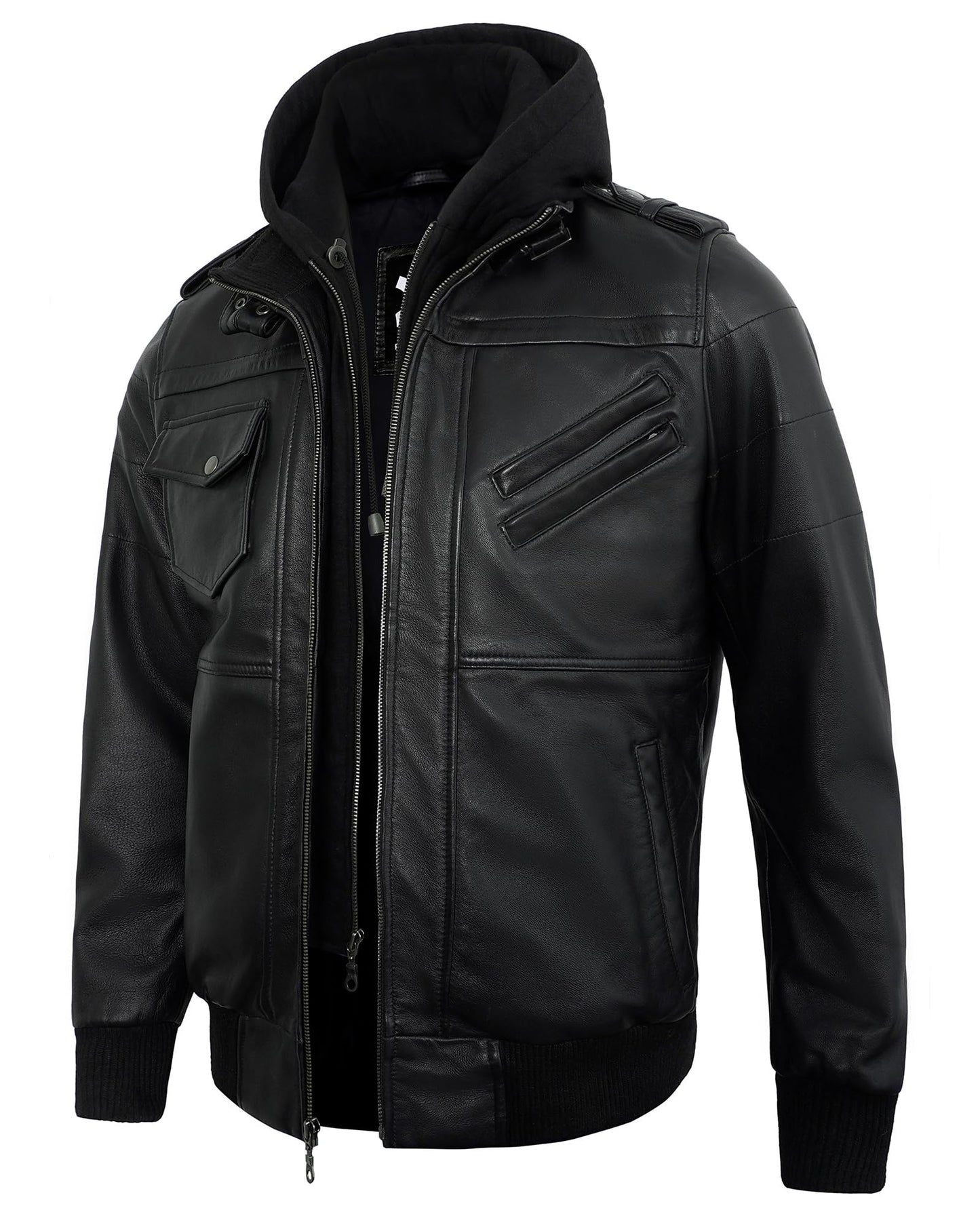 UrbanFocal Hooded Black Leather Bomber Jacket Men - Real Lambskin Leather Jackets For Mens With Detachable Hood | [101009905] Edinburgh Black, XL